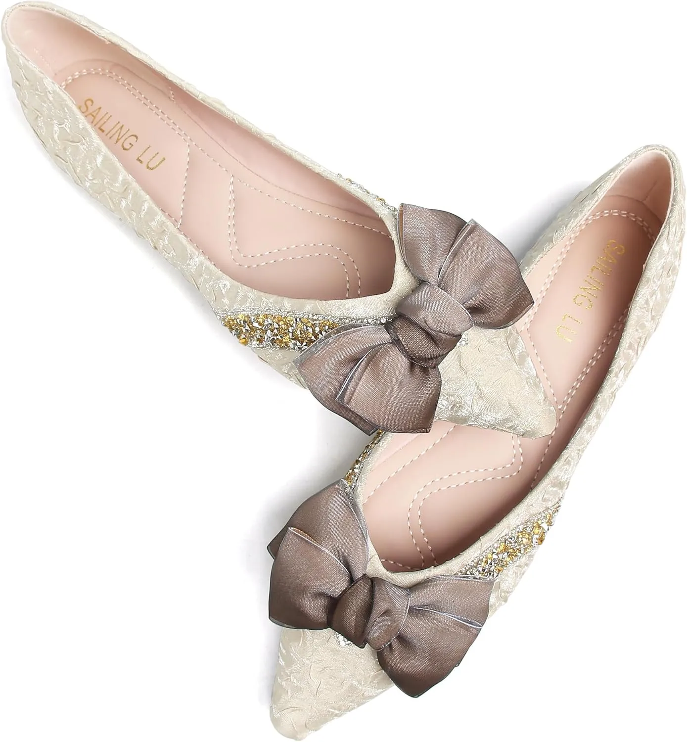 SAILING LU Bow-Knot Ballet Flats for Women Pointed Toe Crystals Wedding Shoes Comfort Light Weight Loafers