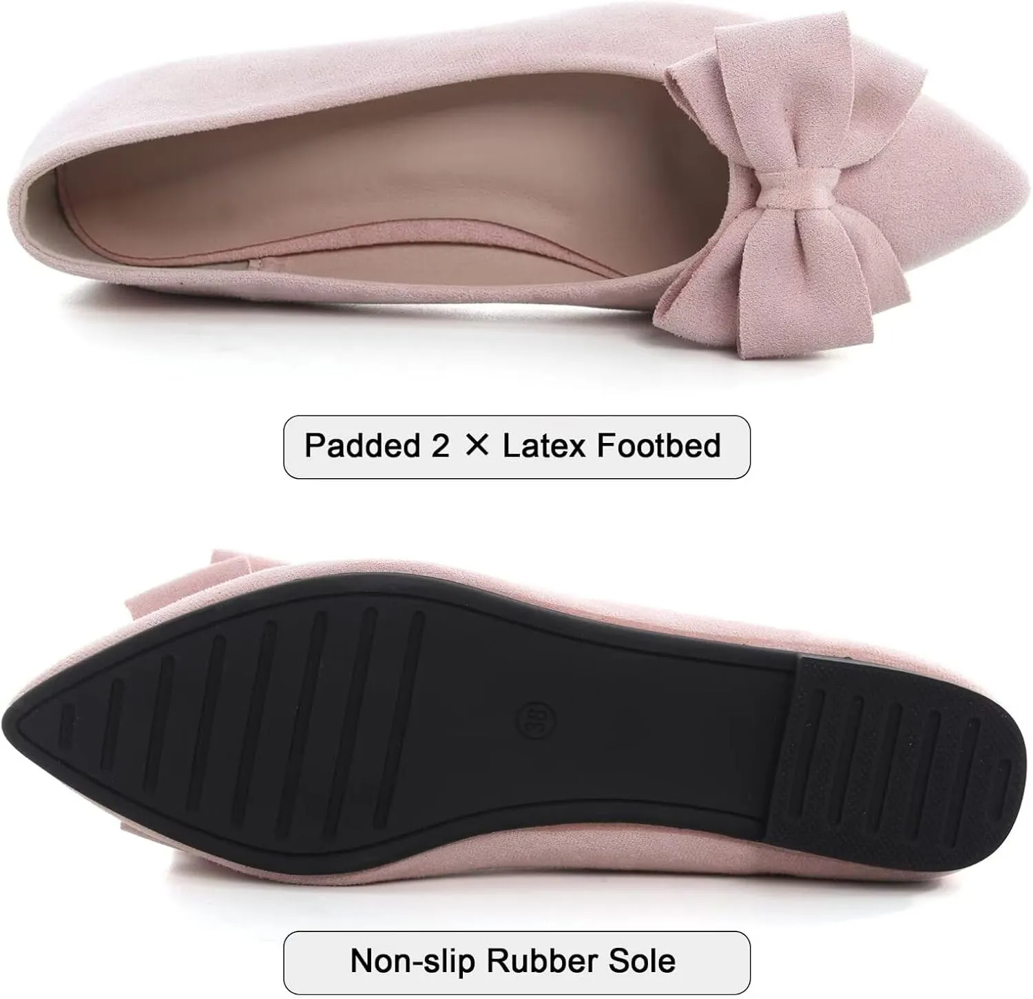 SAILING LU Bowknot Ballet Flats Womens Pointy Toe Casual Flat Shoes Suede Dress Shoes Wear to Work Slip On Moccasins