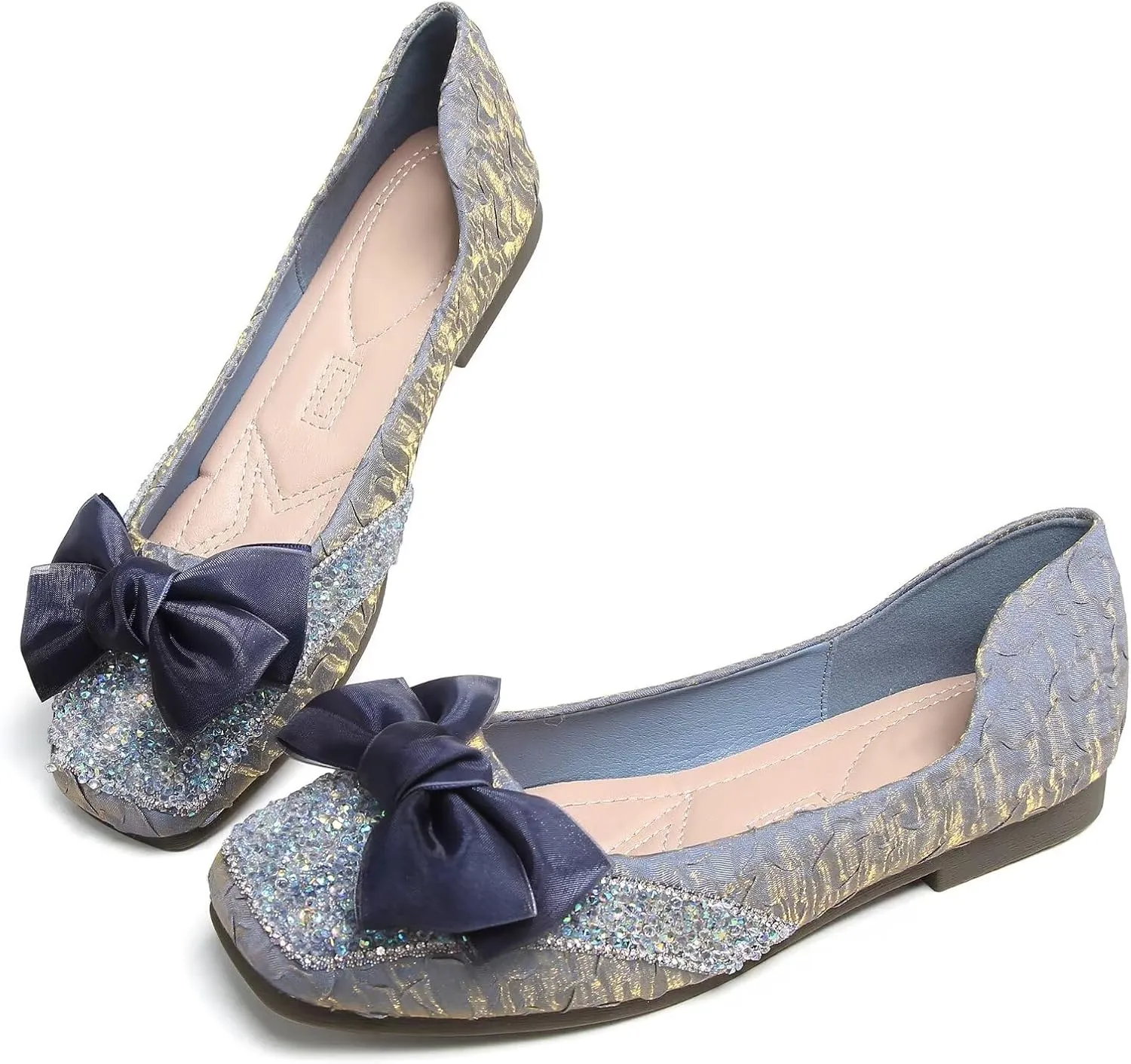 SAILING LU Square Toe Flats Shoes Rhinestoned Bowknots Ballet Flats for Women Studded Dress Shoes Comfort Light Weight Loafers