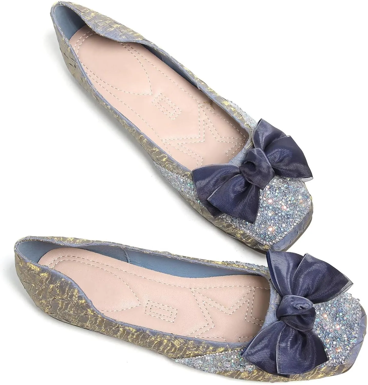 SAILING LU Square Toe Flats Shoes Rhinestoned Bowknots Ballet Flats for Women Studded Dress Shoes Comfort Light Weight Loafers