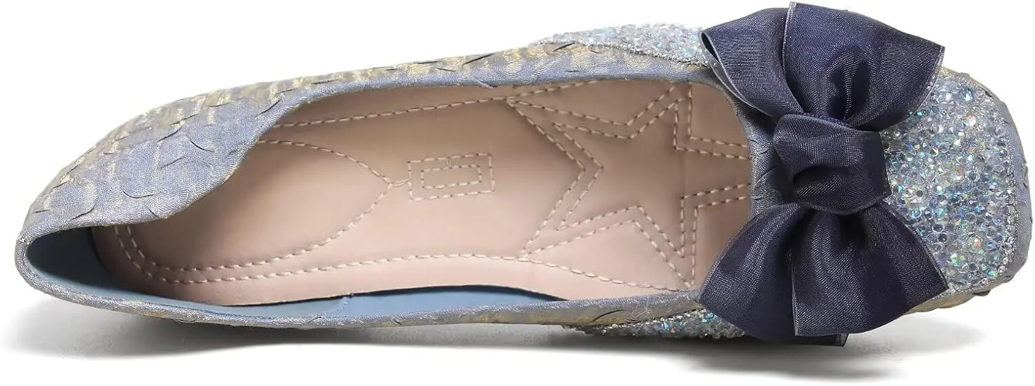 SAILING LU Square Toe Flats Shoes Rhinestoned Bowknots Ballet Flats for Women Studded Dress Shoes Comfort Light Weight Loafers