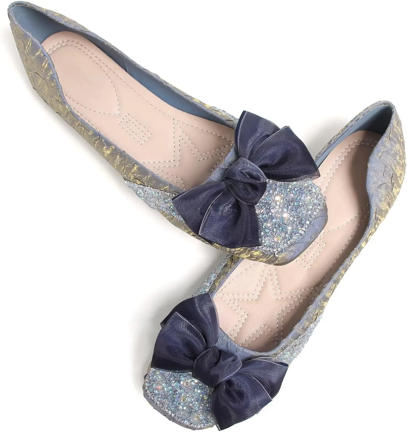 SAILING LU Square Toe Flats Shoes Rhinestoned Bowknots Ballet Flats for Women Studded Dress Shoes Comfort Light Weight Loafers