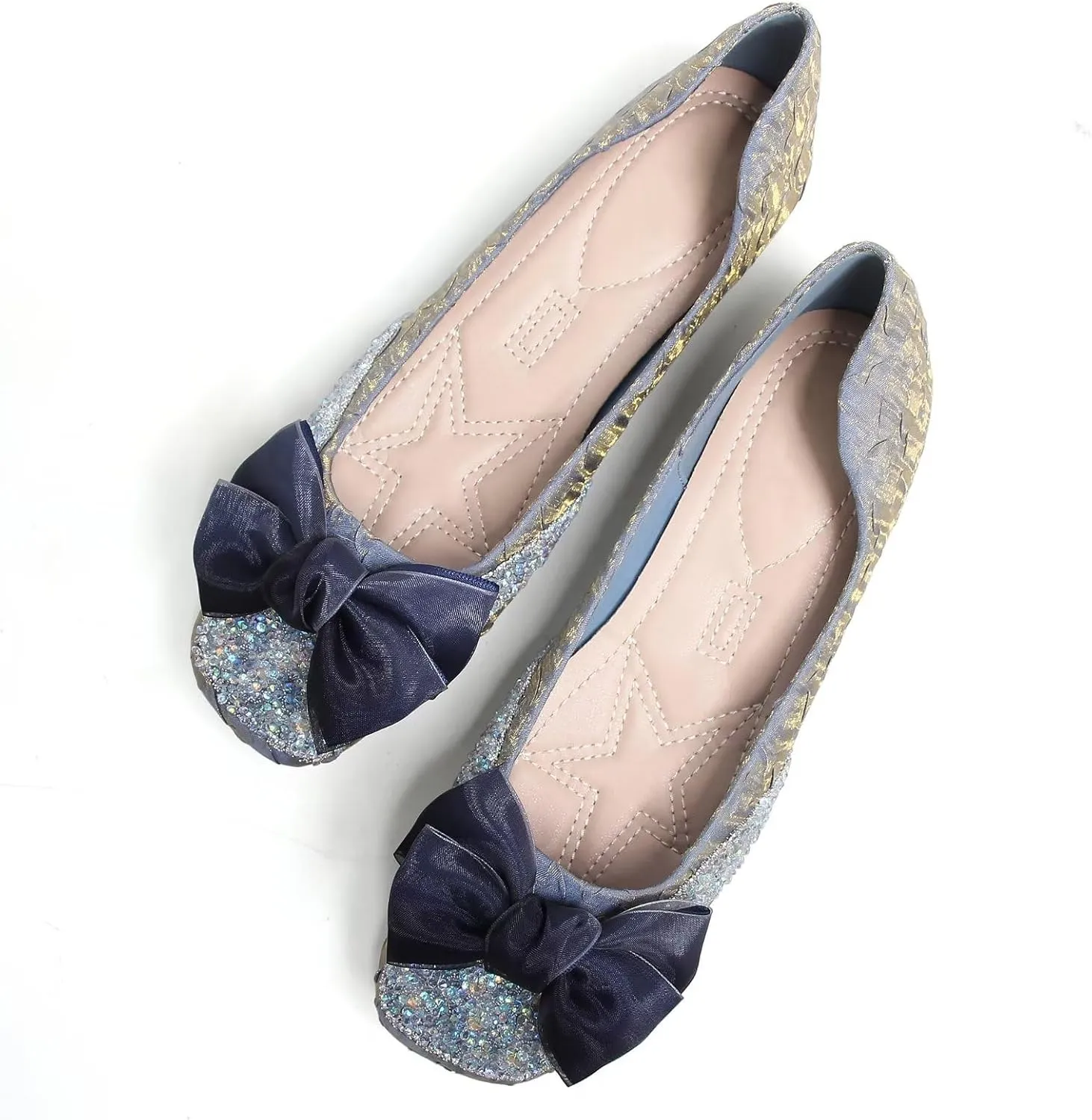 SAILING LU Square Toe Flats Shoes Rhinestoned Bowknots Ballet Flats for Women Studded Dress Shoes Comfort Light Weight Loafers