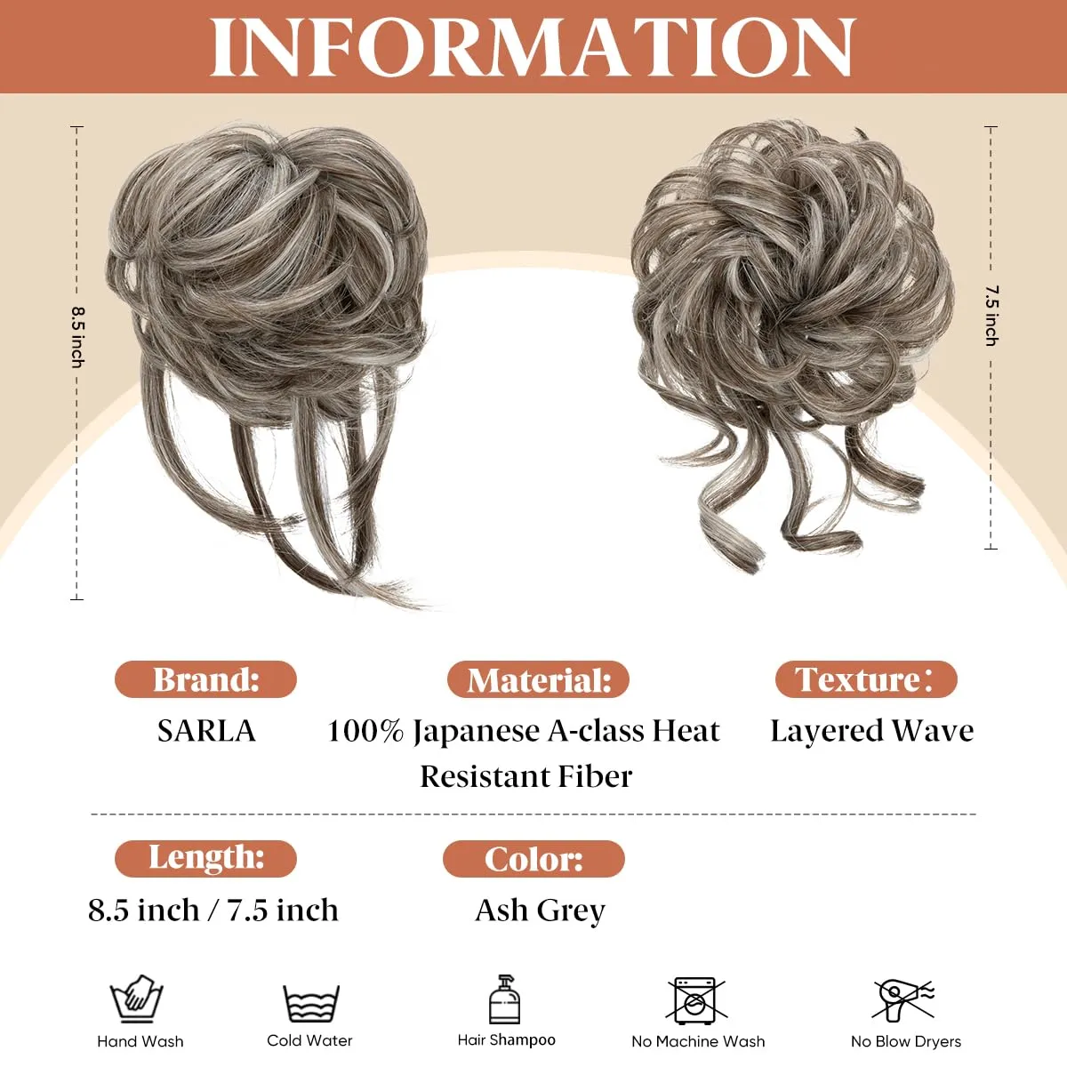 SARLA 2PCS Grey Messy Bun Hair Pieces for Women Wavy Curly Synthetic Hairpieces for Updos with Tendrils Fake Scrunchies Ponytail Extension Ash Grey