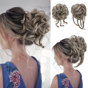 SARLA 2PCS Grey Messy Bun Hair Pieces for Women Wavy Curly Synthetic Hairpieces for Updos with Tendrils Fake Scrunchies Ponytail Extension Ash Grey