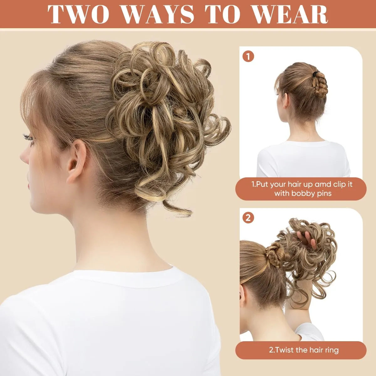 SARLA 2PCS Grey Messy Bun Hair Pieces for Women Wavy Curly Synthetic Hairpieces for Updos with Tendrils Fake Scrunchies Ponytail Extension Ash Grey