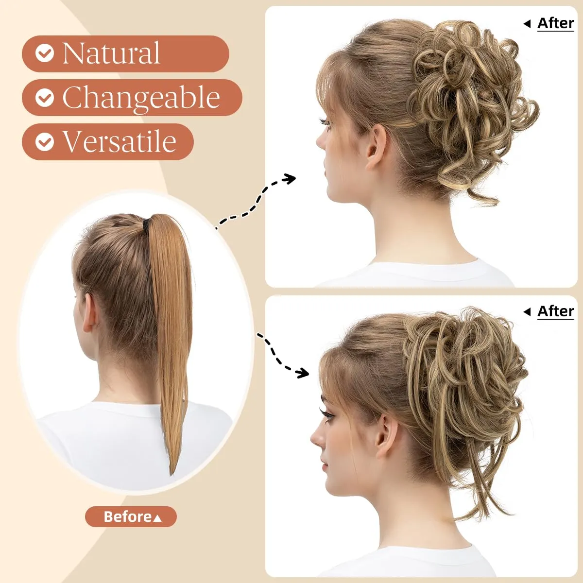 SARLA 2PCS Grey Messy Bun Hair Pieces for Women Wavy Curly Synthetic Hairpieces for Updos with Tendrils Fake Scrunchies Ponytail Extension Ash Grey