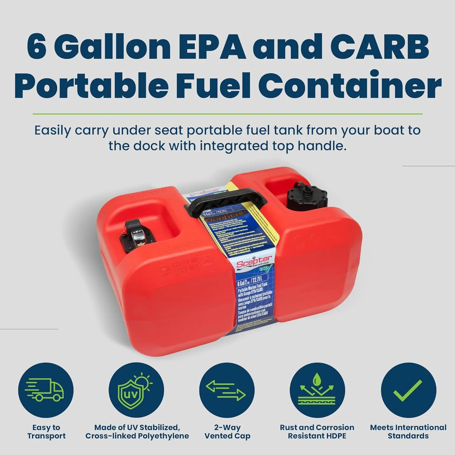 Scepter 6 Gallon Under Seat Portable Marine Tank with 2-Way Vented Cap, EPA CARB Fuel Can Container for Boats and Watercraft, 19.3"L x 12.2"W x 10.2"H