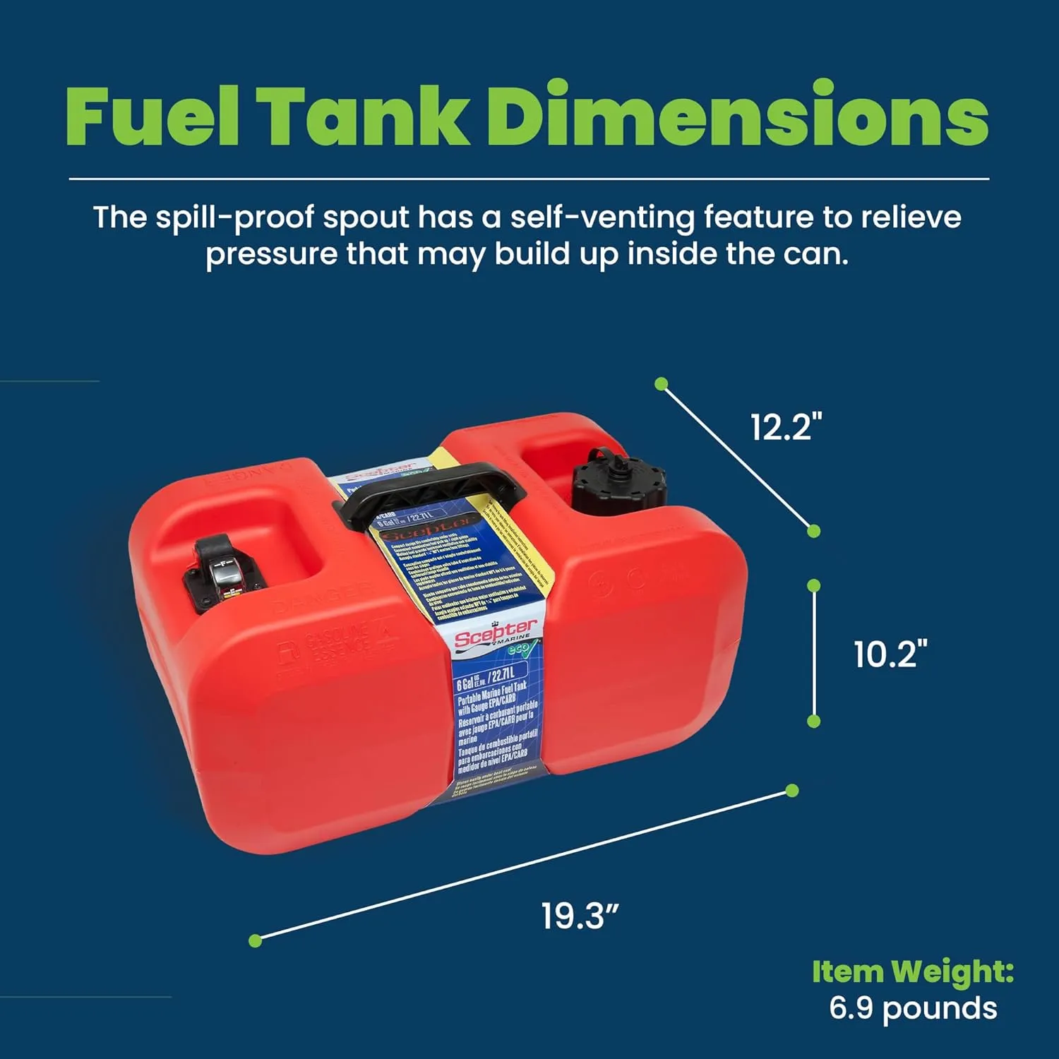 Scepter 6 Gallon Under Seat Portable Marine Tank with 2-Way Vented Cap, EPA CARB Fuel Can Container for Boats and Watercraft, 19.3"L x 12.2"W x 10.2"H