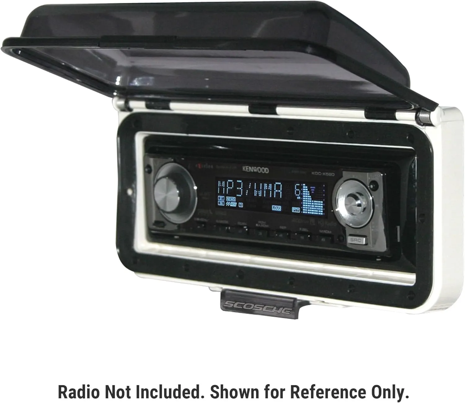 Scosche ACM3W Universal Marine Radio Cover - Water Resistant Boat Dash Radio Protector Shield with One Touch Spring Loaded Flip-Up Door, Single DIN Marine Stereo Kit - Durable Boat Accessory - White