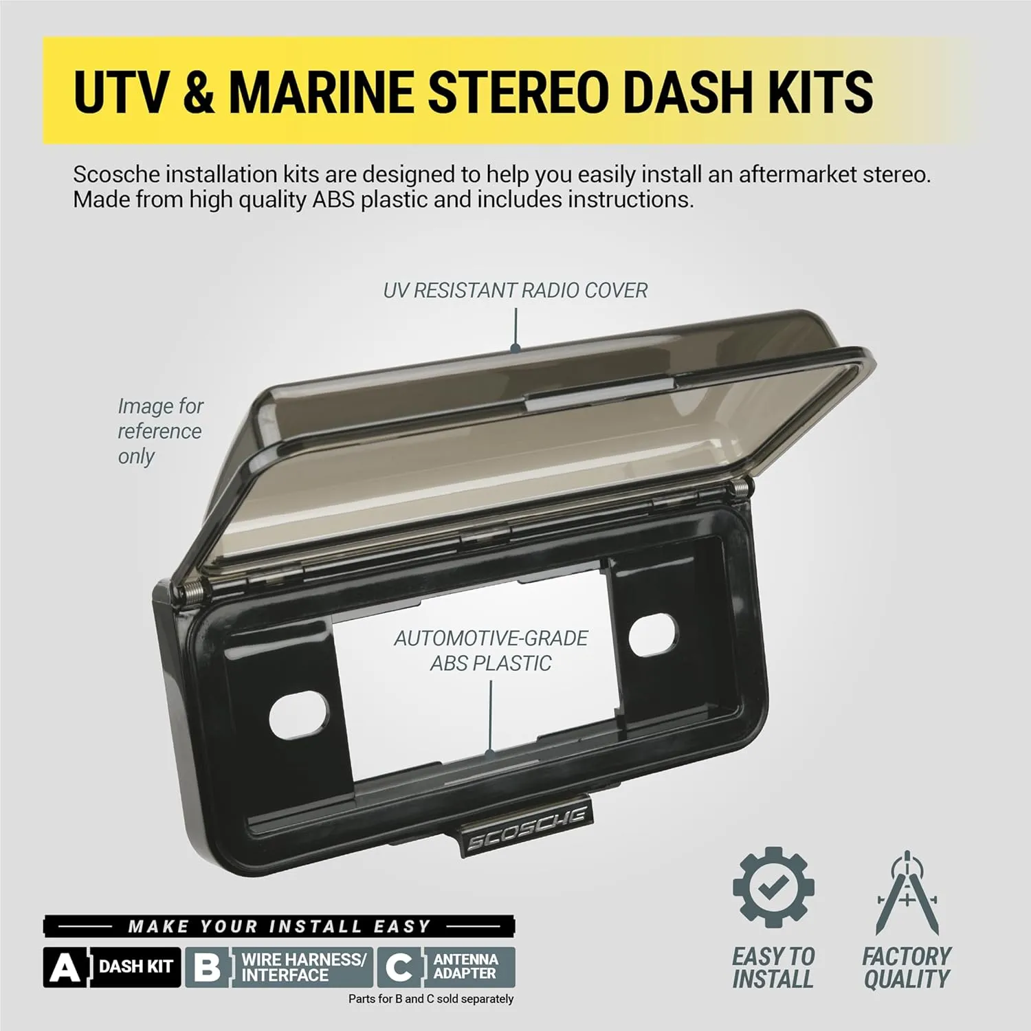 Scosche ACM3W Universal Marine Radio Cover - Water Resistant Boat Dash Radio Protector Shield with One Touch Spring Loaded Flip-Up Door, Single DIN Marine Stereo Kit - Durable Boat Accessory - White
