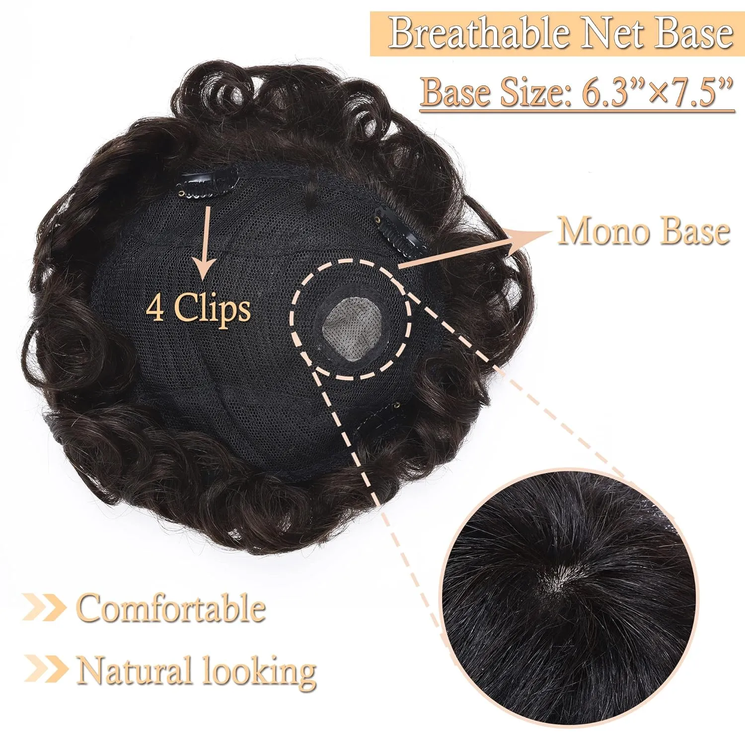 SEGO Men's Toupee Human Hair Topper for Women With Short Hair 150% Density 16x19cm Mono Base 100% Human Hair 4 Inch Short Curly Hairpiece Replacement Wig -Dark Brown