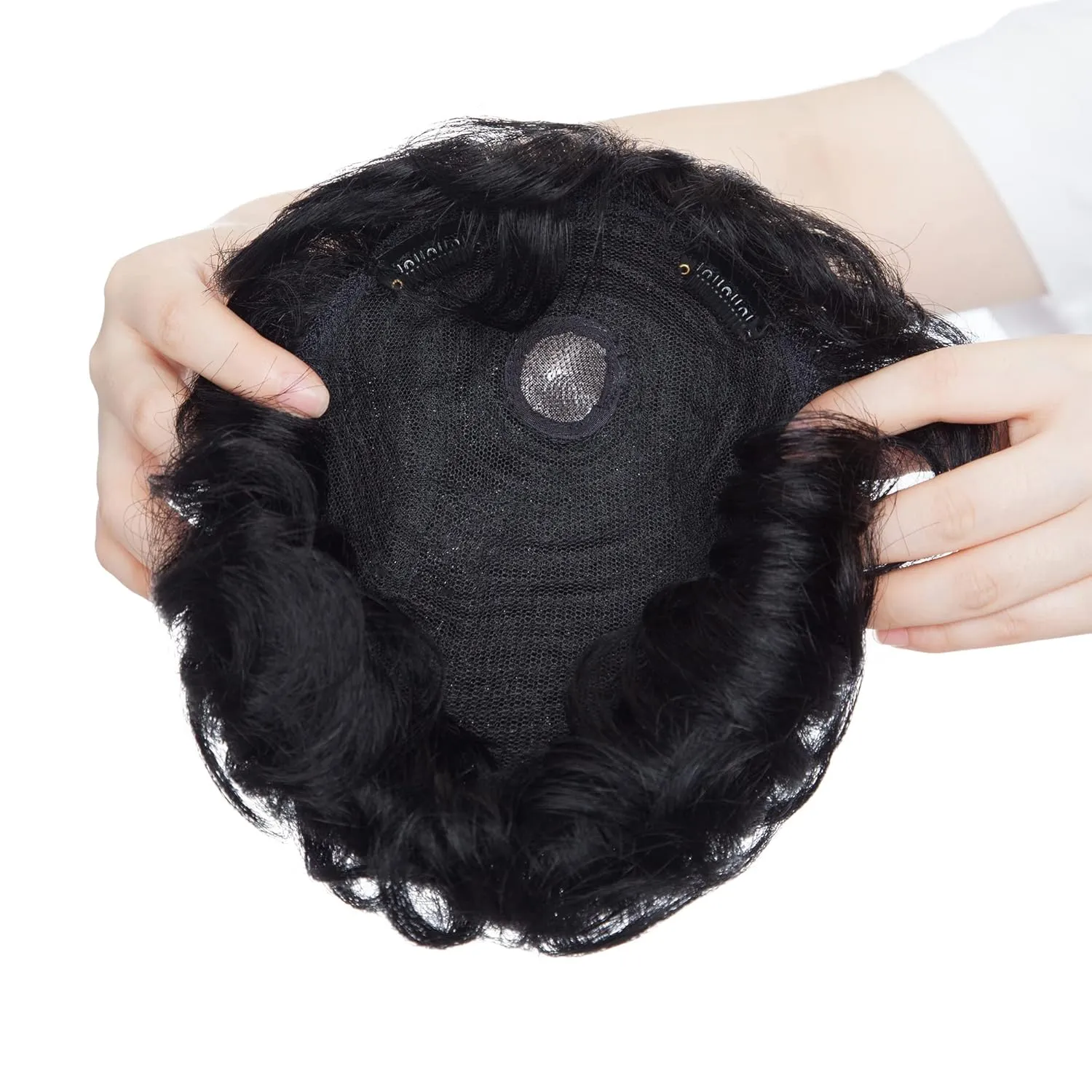 SEGO Men's Toupee Human Hair Topper for Women With Short Hair 150% Density 16x19cm Mono Base 100% Human Hair 4 Inch Short Curly Hairpiece Replacement Wig -Jet Black