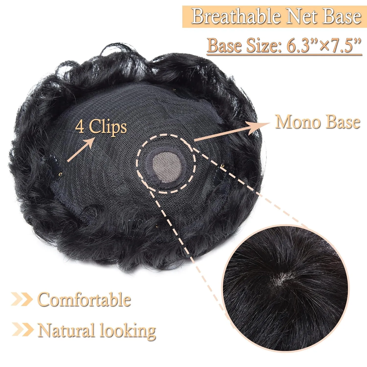 SEGO Men's Toupee Human Hair Topper for Women With Short Hair 150% Density 16x19cm Mono Base 100% Human Hair 4 Inch Short Curly Hairpiece Replacement Wig -Jet Black