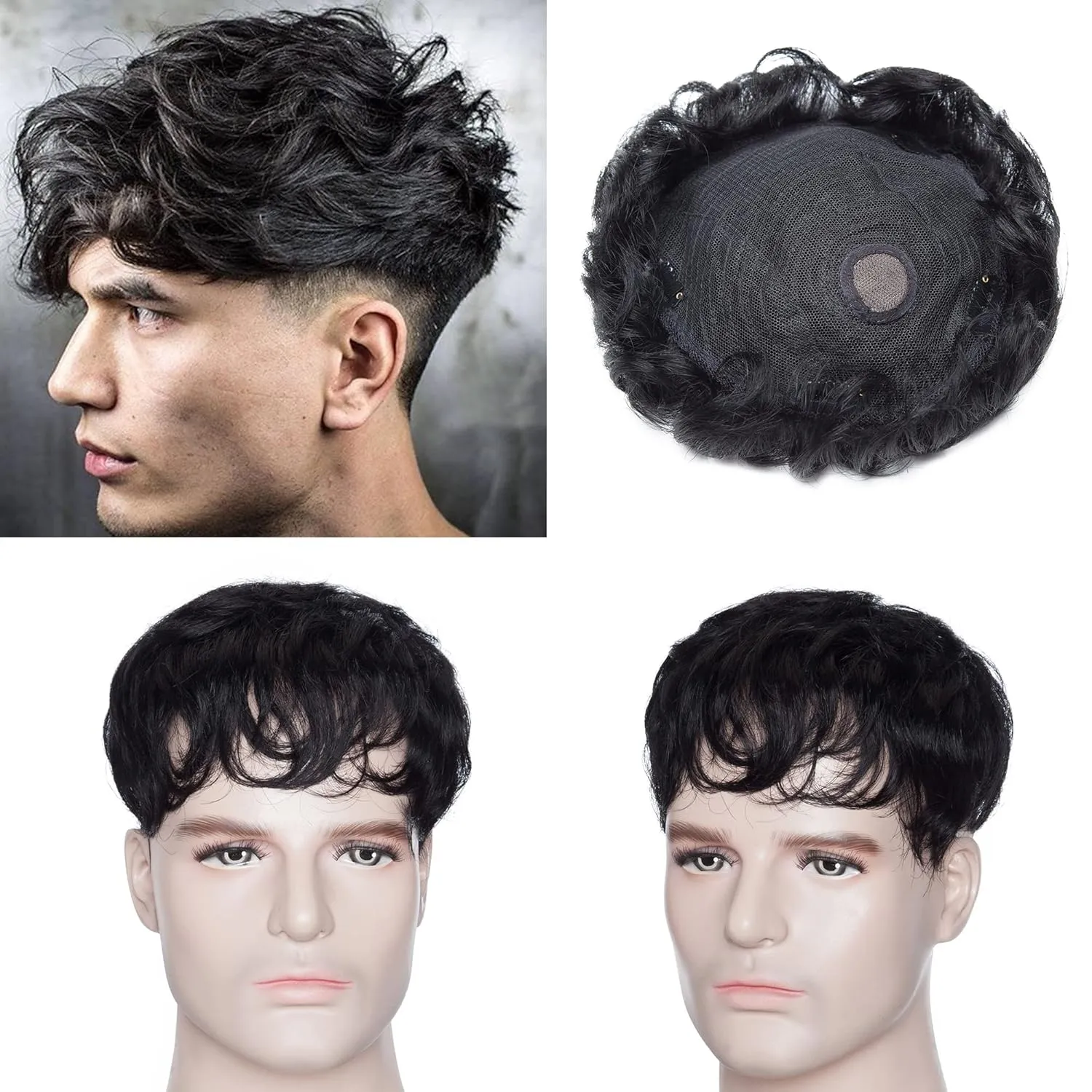 SEGO Men's Toupee Human Hair Topper for Women With Short Hair 150% Density 16x19cm Mono Base 100% Human Hair 4 Inch Short Curly Hairpiece Replacement Wig -Jet Black