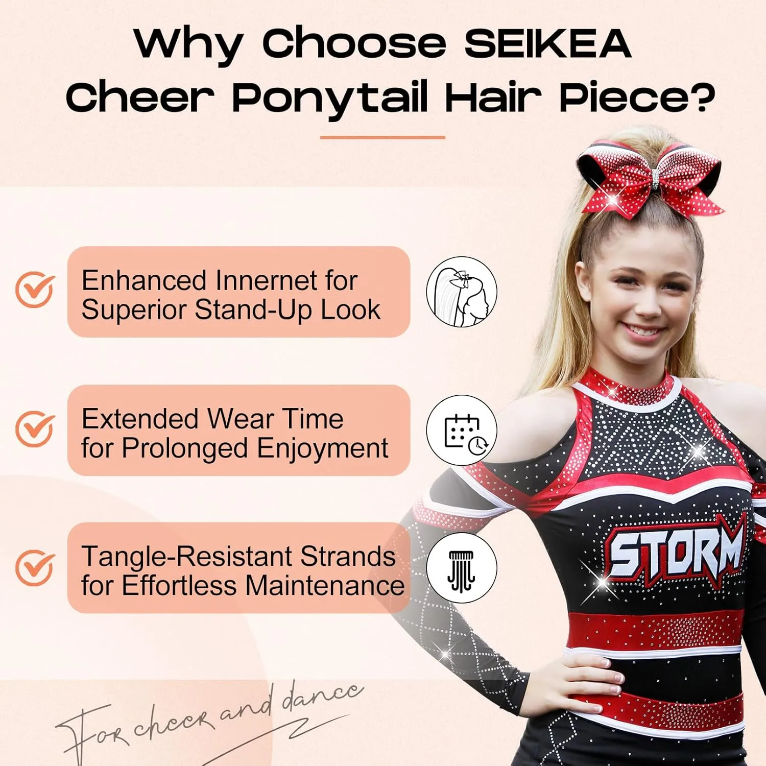 SEIKEA Cheer Ponytail Hair Piece, 10" Straight Tangle-Resistant Smooth Natural Blonde Cheerleader Hairpiece Ponytail Extension for Cheer Competition, Dance, Performance
