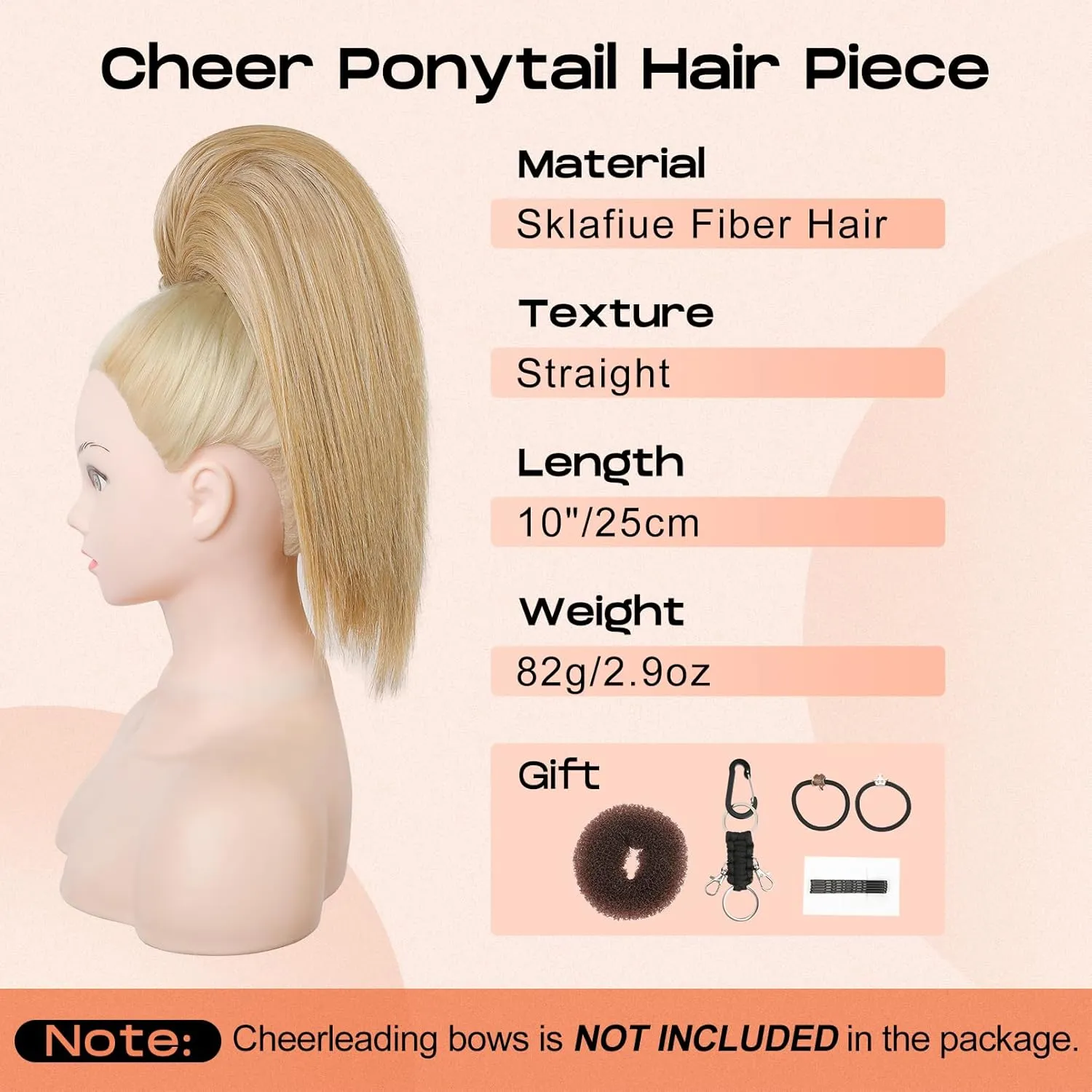SEIKEA Cheer Ponytail Hair Piece, 10" Straight Tangle-Resistant Smooth Natural Blonde Cheerleader Hairpiece Ponytail Extension for Cheer Competition, Dance, Performance