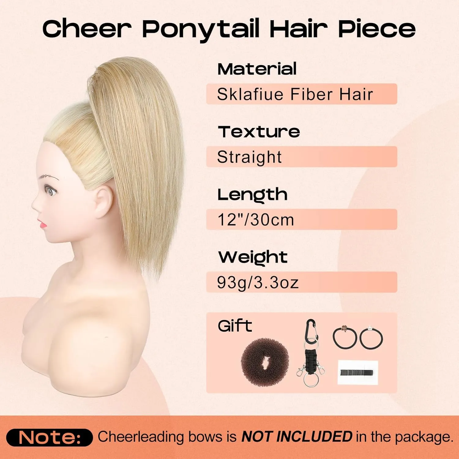 SEIKEA Cheer Ponytail Hair Piece, 10" Straight Tangle-Resistant Smooth Natural Cheerleader Hairpiece Ponytail Extension for Cheer Competition, Dance Light Blonde with Blonde Highlights