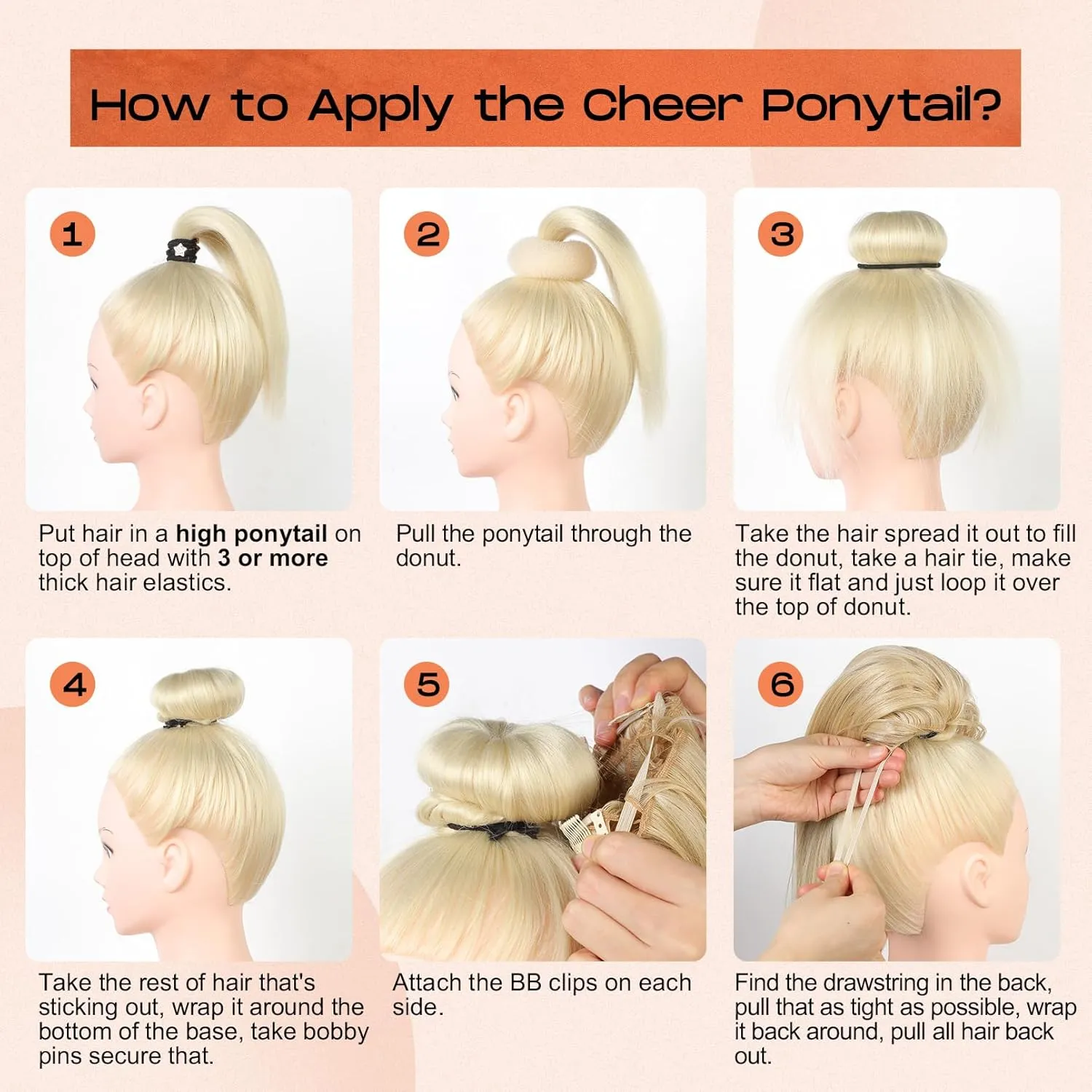 SEIKEA Cheer Ponytail Hair Piece, 10" Straight Tangle-Resistant Smooth Natural Cheerleader Hairpiece Ponytail Extension for Cheer Competition, Dance White Blonde with Ash Brown Highlights