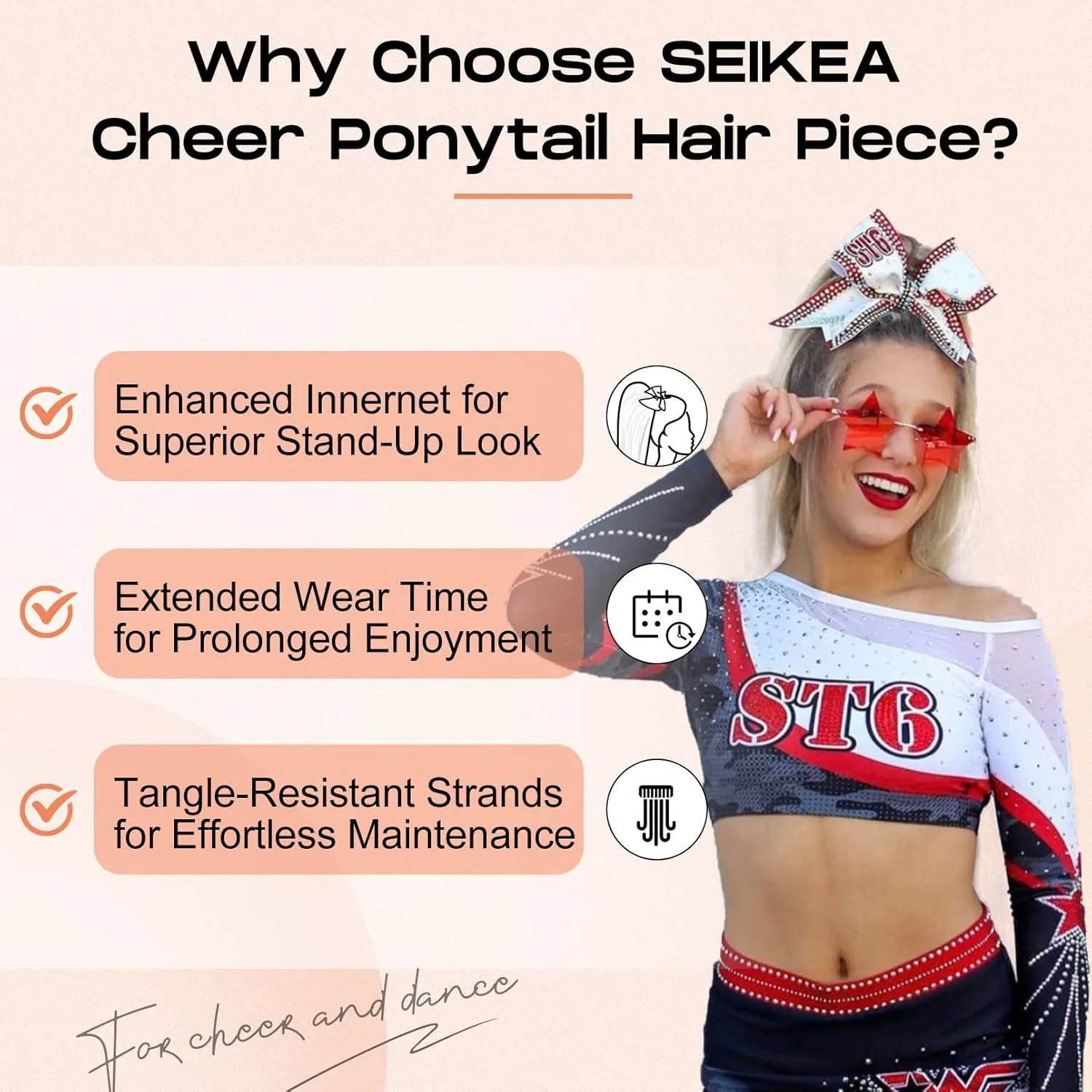 SEIKEA Cheer Ponytail Hair Piece, 10" Straight Tangle-Resistant Smooth Natural Cheerleader Hairpiece Ponytail Extension for Cheer Competition, Dance White Blonde with Ash Brown Highlights
