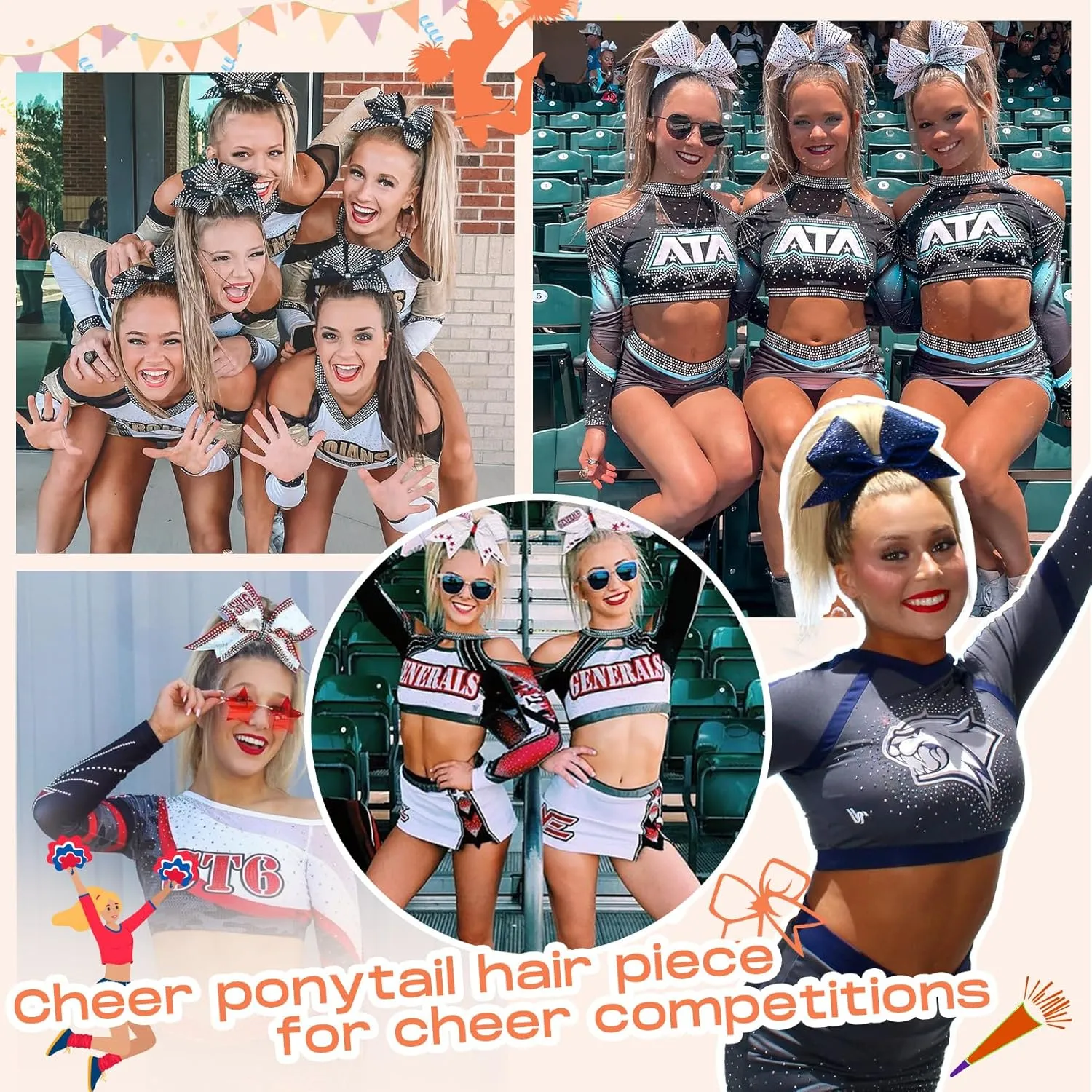 SEIKEA Cheer Ponytail Hair Piece, 10" Straight Tangle-Resistant Smooth Natural Cheerleader Hairpiece Ponytail Extension for Cheer Competition, Dance White Blonde with Ash Brown Highlights