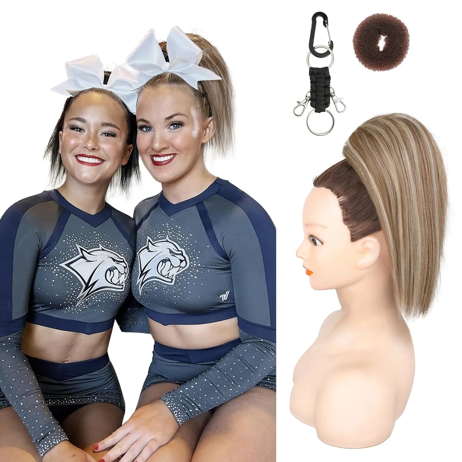SEIKEA Cheer Ponytail Hair Piece, 10" Straight Tangle-Resistant Smooth Natural Cheerleader Hairpiece Ponytail Extension for Cheer Competition, Dance White Blonde with Ash Brown Highlights