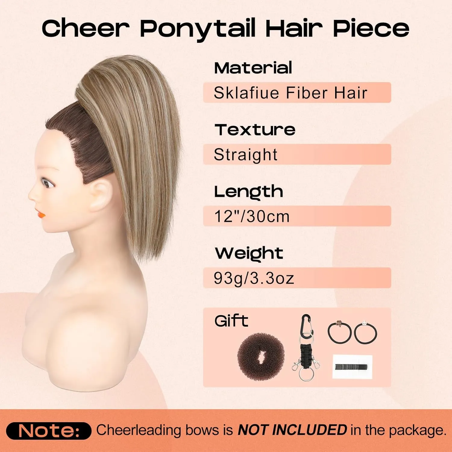 SEIKEA Cheer Ponytail Hair Piece, 10" Straight Tangle-Resistant Smooth Natural Cheerleader Hairpiece Ponytail Extension for Cheer Competition, Dance White Blonde with Ash Brown Highlights