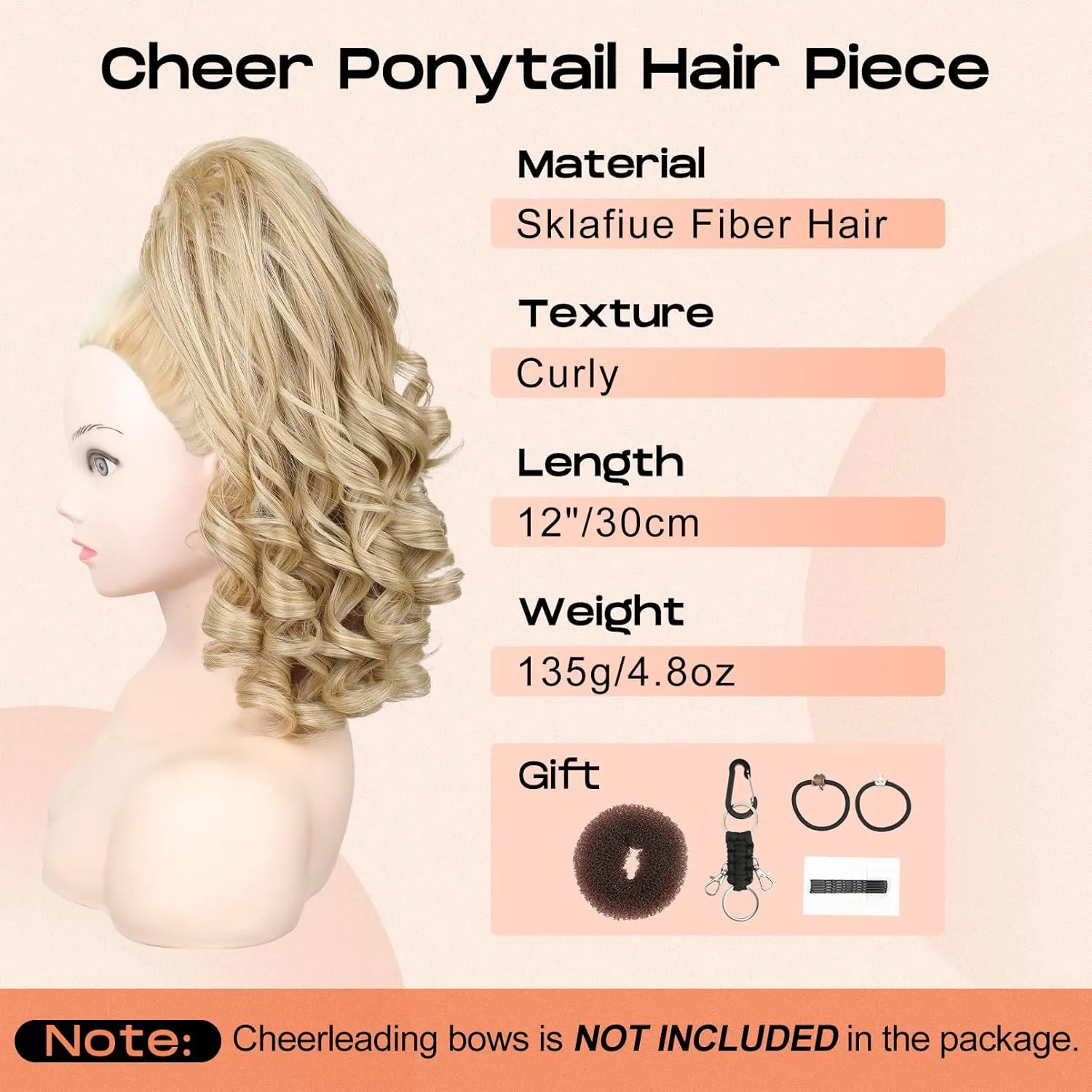 SEIKEA Cheer Ponytail Hair Piece, 14" Curly Cheerleader Hairpiece Ponytail Extension for Cheerleader Competition, Dance Light Blonde with Blonde Highlights