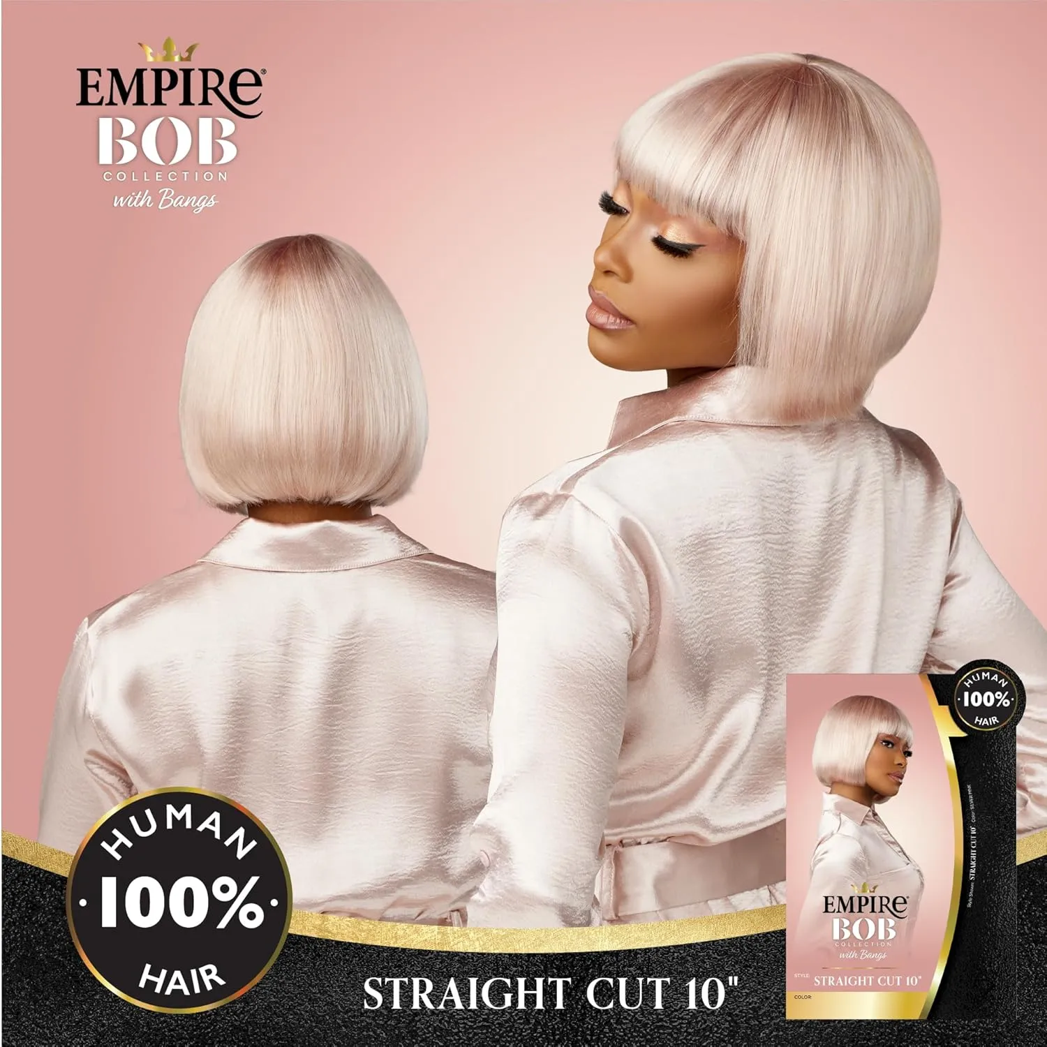 Sensationnel Empire Bob Humanhair Wig - Straight Cut Face Framing Mesh Cap for Comfort With Bangs (10 inch, ICYSILVER)