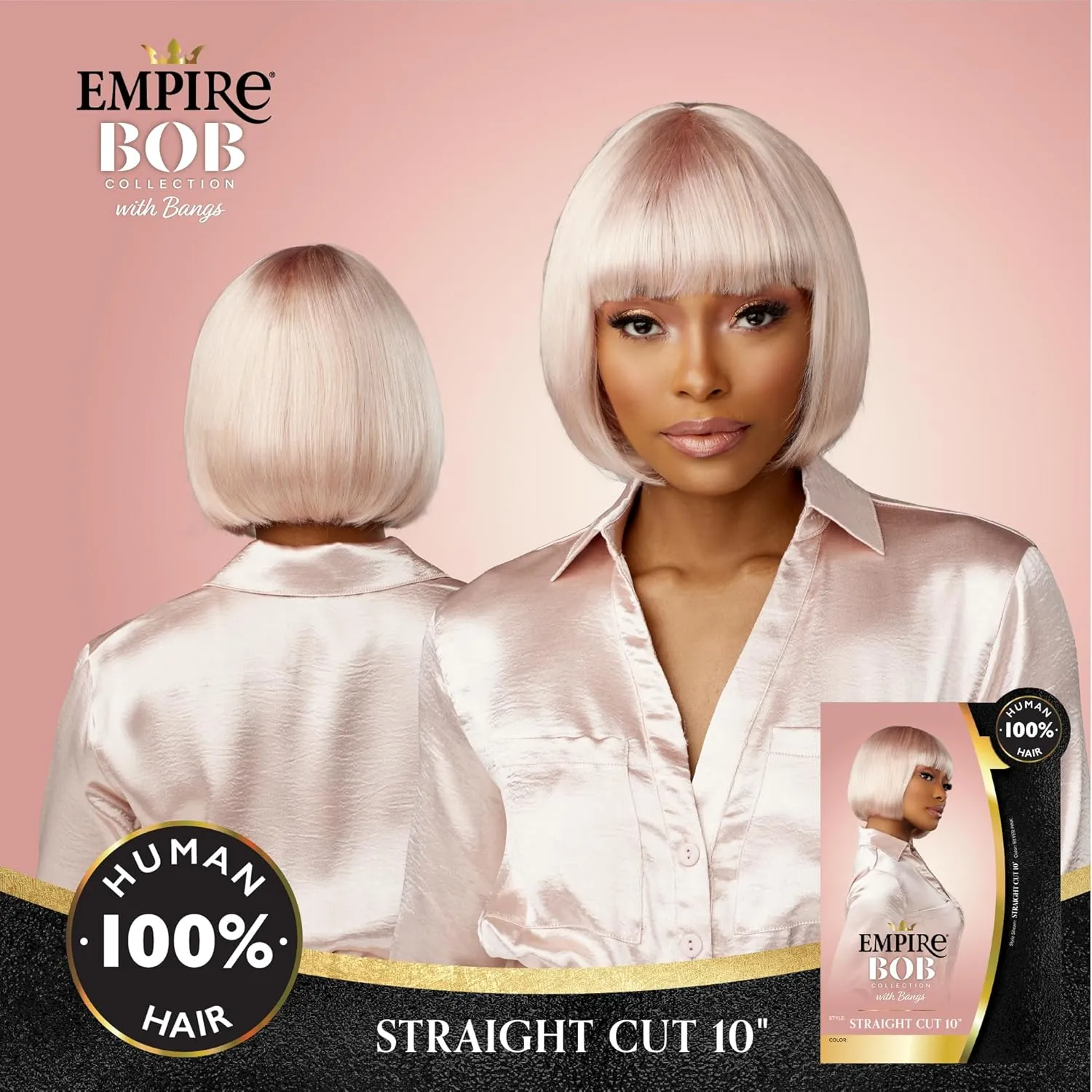 Sensationnel Empire Bob Humanhair Wig - Straight Cut Face Framing Mesh Cap for Comfort With Bangs (10 inch, ICYSILVER)