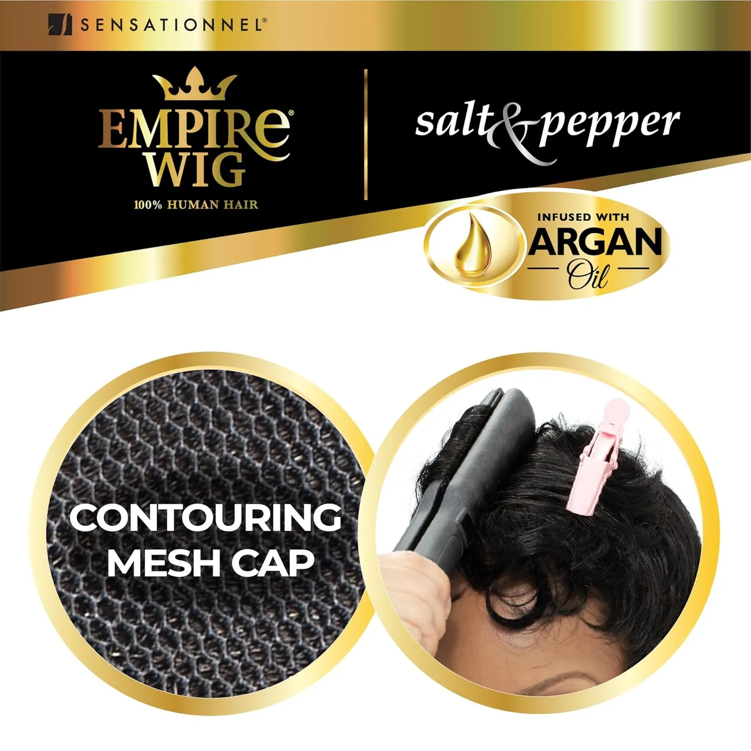 Sensationnel Empire Human Hair Wig - Salt And Pepper Bliss Contouring Mesh Cap Heat Safe (1B OFFBLACK)