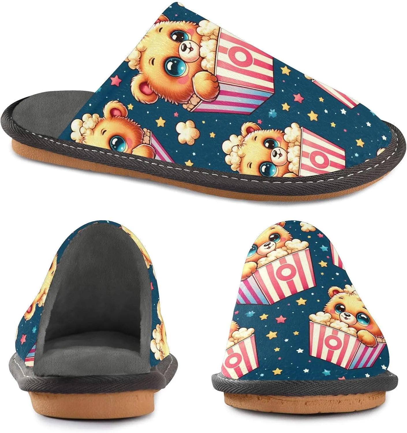 senya Bear Popcorn with Star Fuzzy Slippers Soft Home Bedroom Slippers for Women Men House Shoes