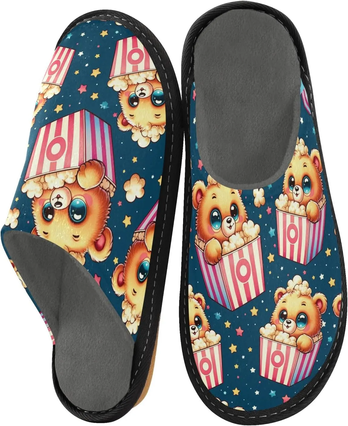 senya Bear Popcorn with Star Fuzzy Slippers Soft Home Bedroom Slippers for Women Men House Shoes
