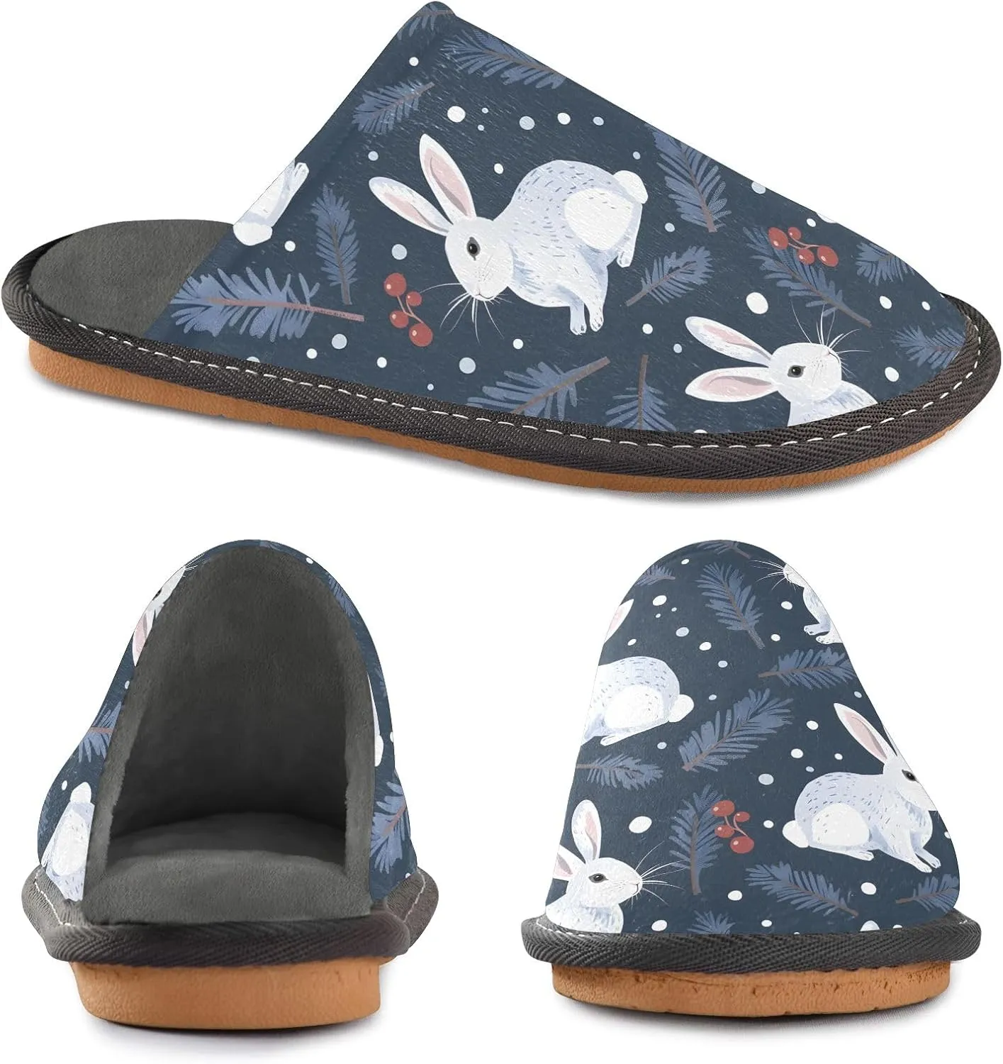 senya Winter Rabbits Snowflakes Fuzzy Slippers Soft Home Bedroom Slippers for Women Men House Shoes