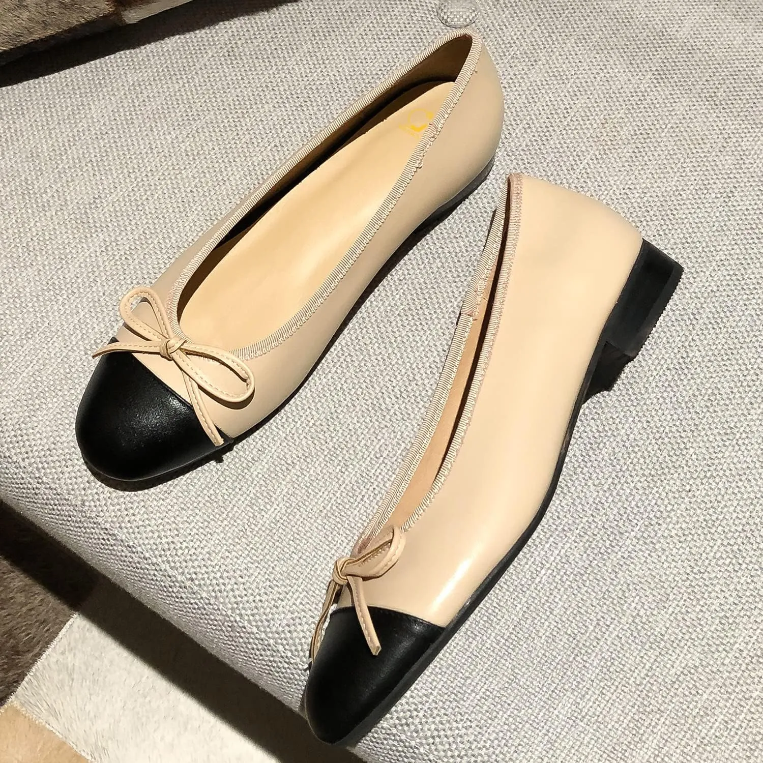 SHODENSE Women Cap Toe Bow Flats Two Tone Slip On Ballet Flats Comfy Closed Round Toe Flats Colorblock 1 Inch Low Flat Heel Dress Shoes Chic Chic Casual Drive Flat Shoes 4-11 M US