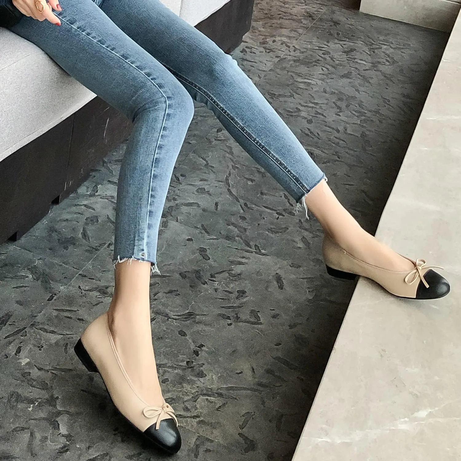 SHODENSE Women Cap Toe Bow Flats Two Tone Slip On Ballet Flats Comfy Closed Round Toe Flats Colorblock 1 Inch Low Flat Heel Dress Shoes Chic Chic Casual Drive Flat Shoes 4-11 M US