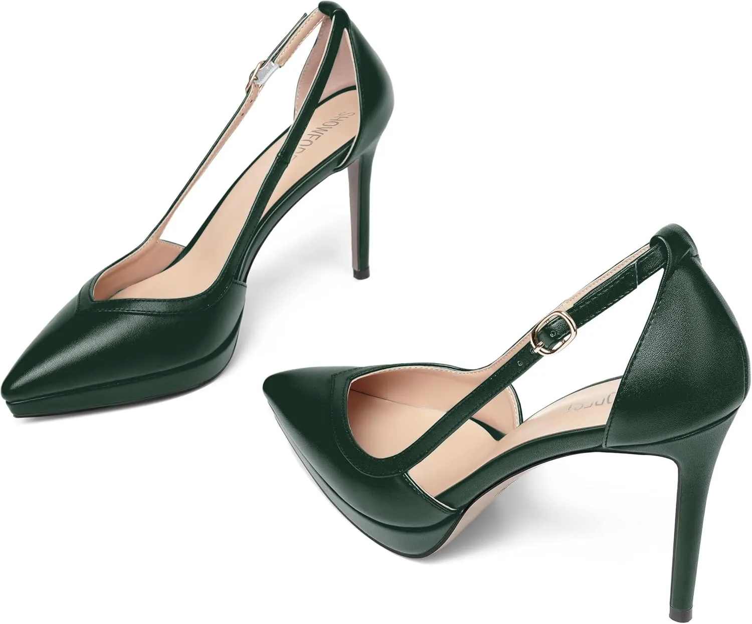 SHOWFOREST Womens Slip On Adjustable Strap Office Platform Solid Fashion Matte Pointed Toe Stiletto High Heel Pumps Shoes 4 Inch