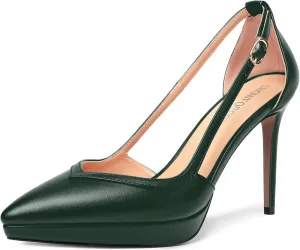 SHOWFOREST Womens Slip On Adjustable Strap Office Platform Solid Fashion Matte Pointed Toe Stiletto High Heel Pumps Shoes 4 Inch