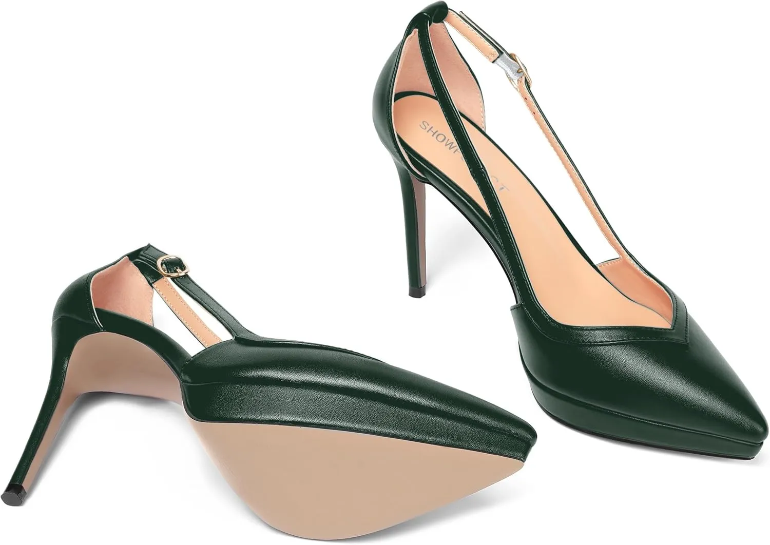 SHOWFOREST Womens Slip On Adjustable Strap Office Platform Solid Fashion Matte Pointed Toe Stiletto High Heel Pumps Shoes 4 Inch