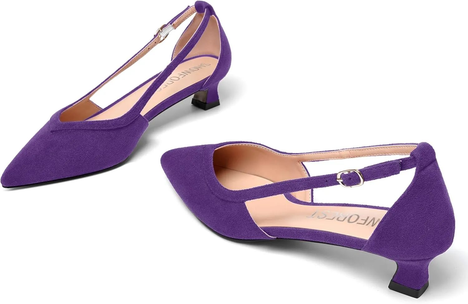 SHOWFOREST Womens Solid Pointed Toe Slip On Wedding Suede Dress Kitten Low Heel Pumps Shoes 1.5 Inch