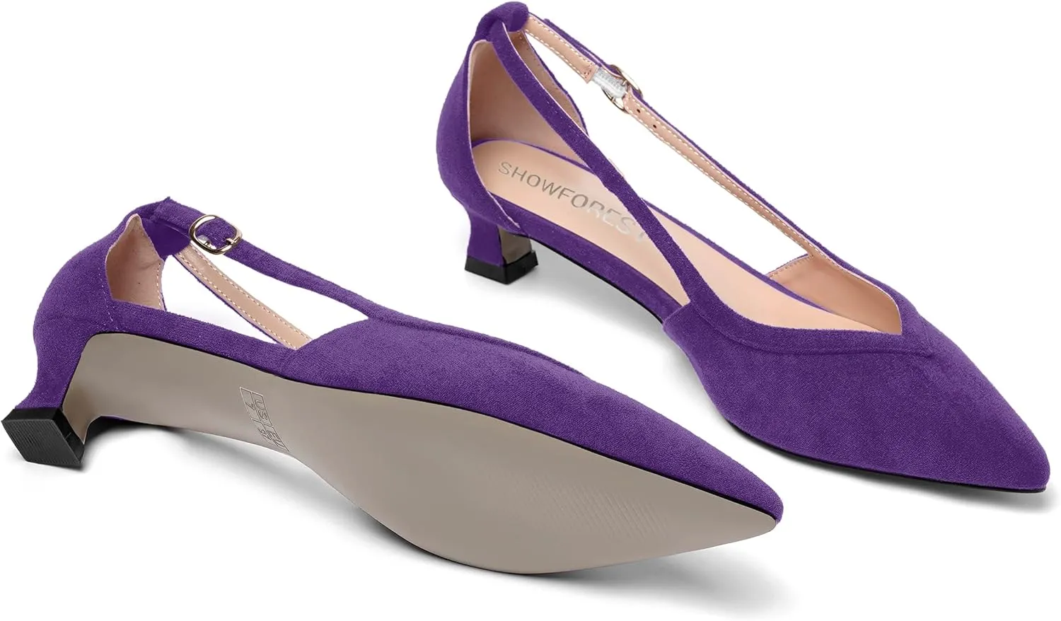 SHOWFOREST Womens Solid Pointed Toe Slip On Wedding Suede Dress Kitten Low Heel Pumps Shoes 1.5 Inch