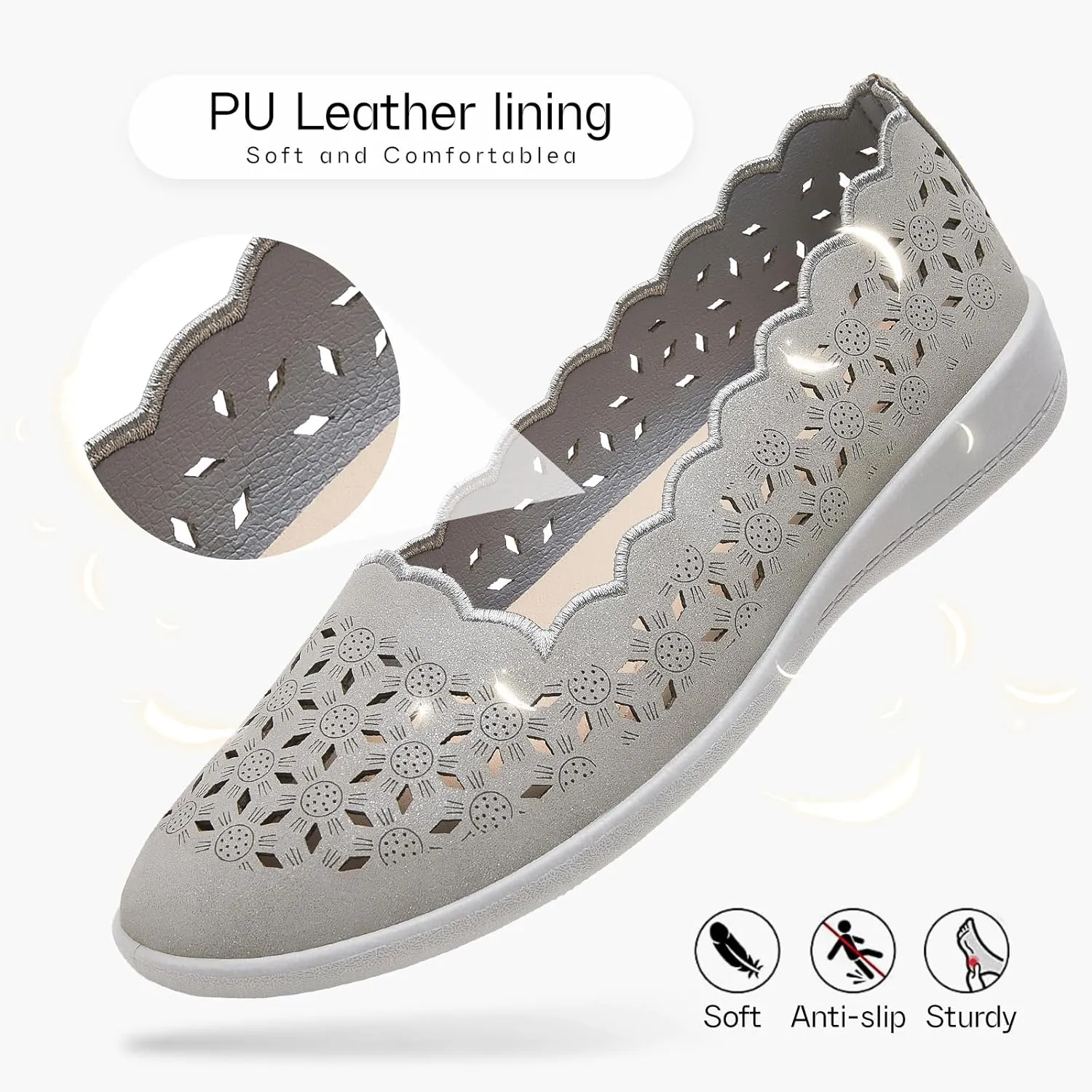Shupua Flats for Women Dressy Comfortable Women's Ballet Flats Shoes Casual Black Flats Round Toe Womens Slip on Shoes PU Leather Flats Summer with Diamond Eyelets