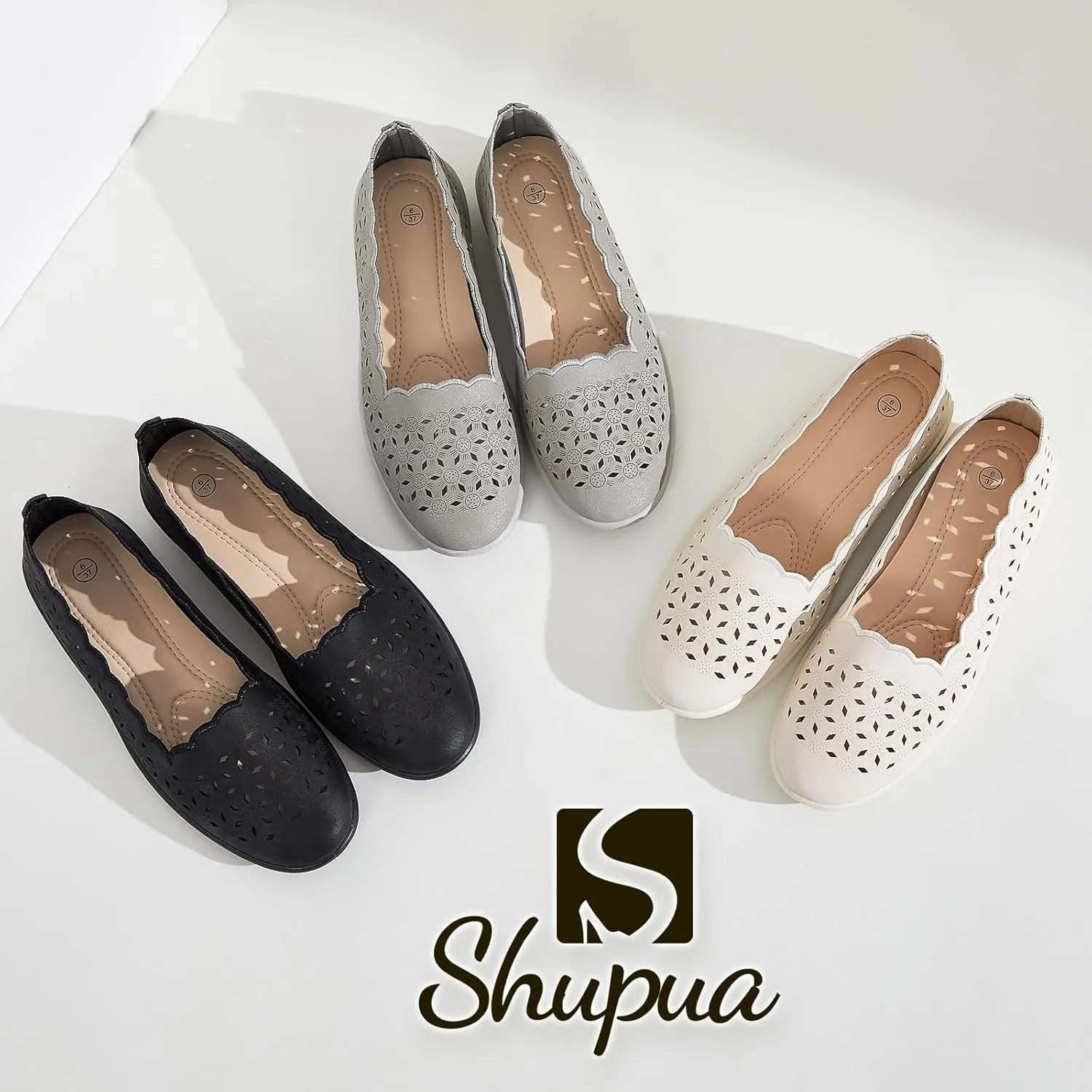 Shupua Flats for Women Dressy Comfortable Women's Ballet Flats Shoes Casual Black Flats Round Toe Womens Slip on Shoes PU Leather Flats Summer with Diamond Eyelets