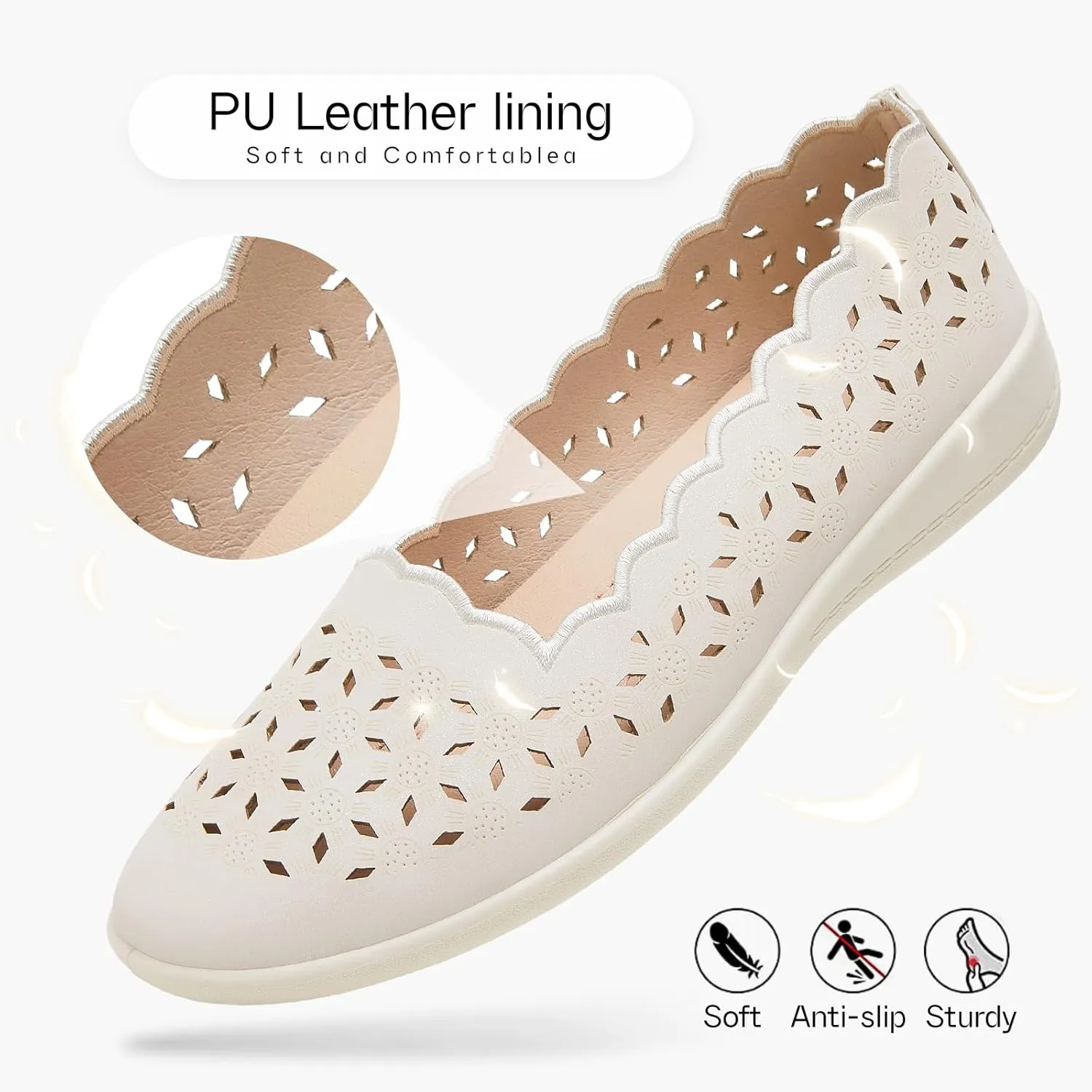 Shupua Flats for Women Dressy Comfortable Women's Ballet Flats Shoes Casual Black Flats Round Toe Womens Slip on Shoes PU Leather Flats Summer with Diamond Eyelets