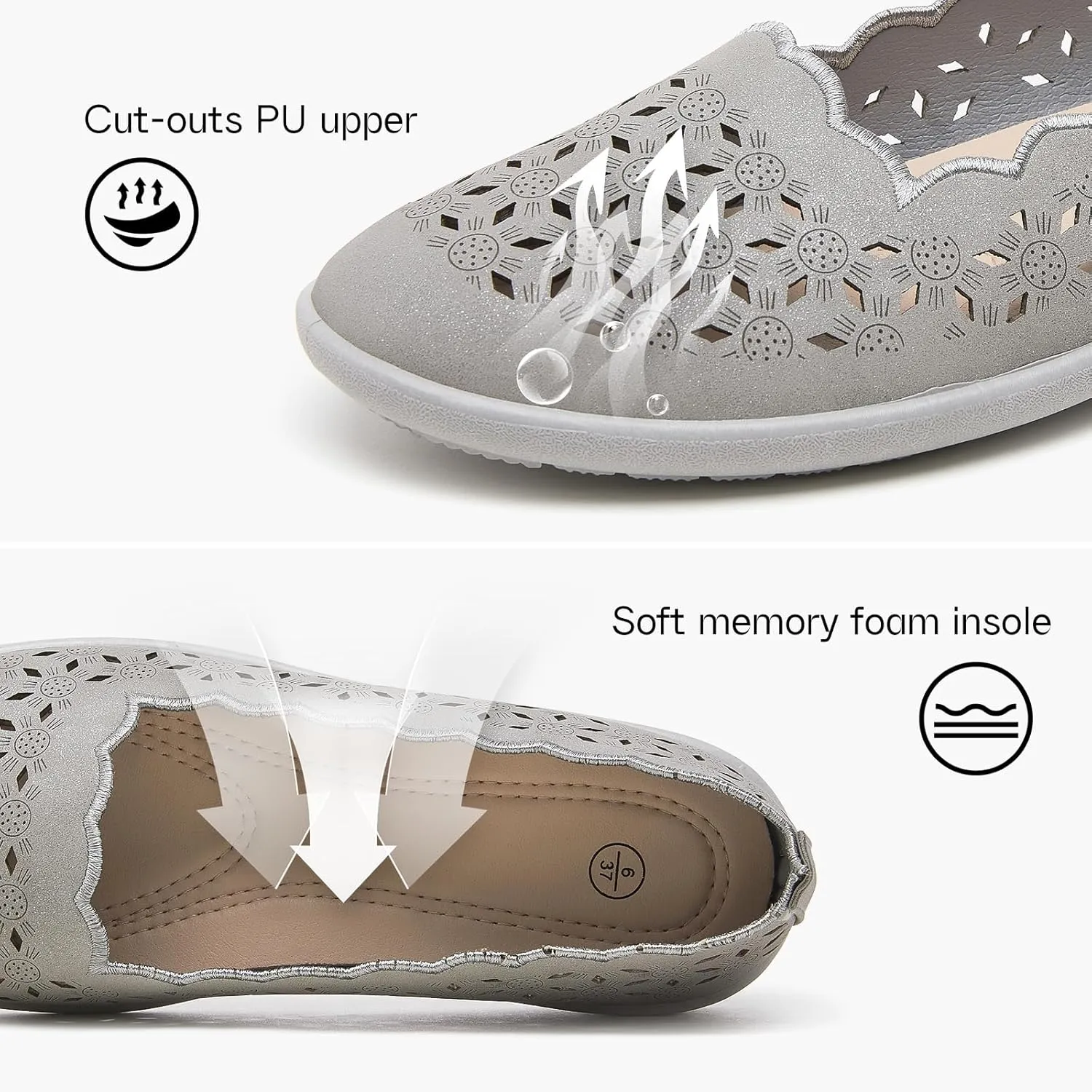 Shupua Flats for Women Dressy Comfortable Women's Ballet Flats Shoes Casual Black Flats Round Toe Womens Slip on Shoes PU Leather Flats Summer with Diamond Eyelets