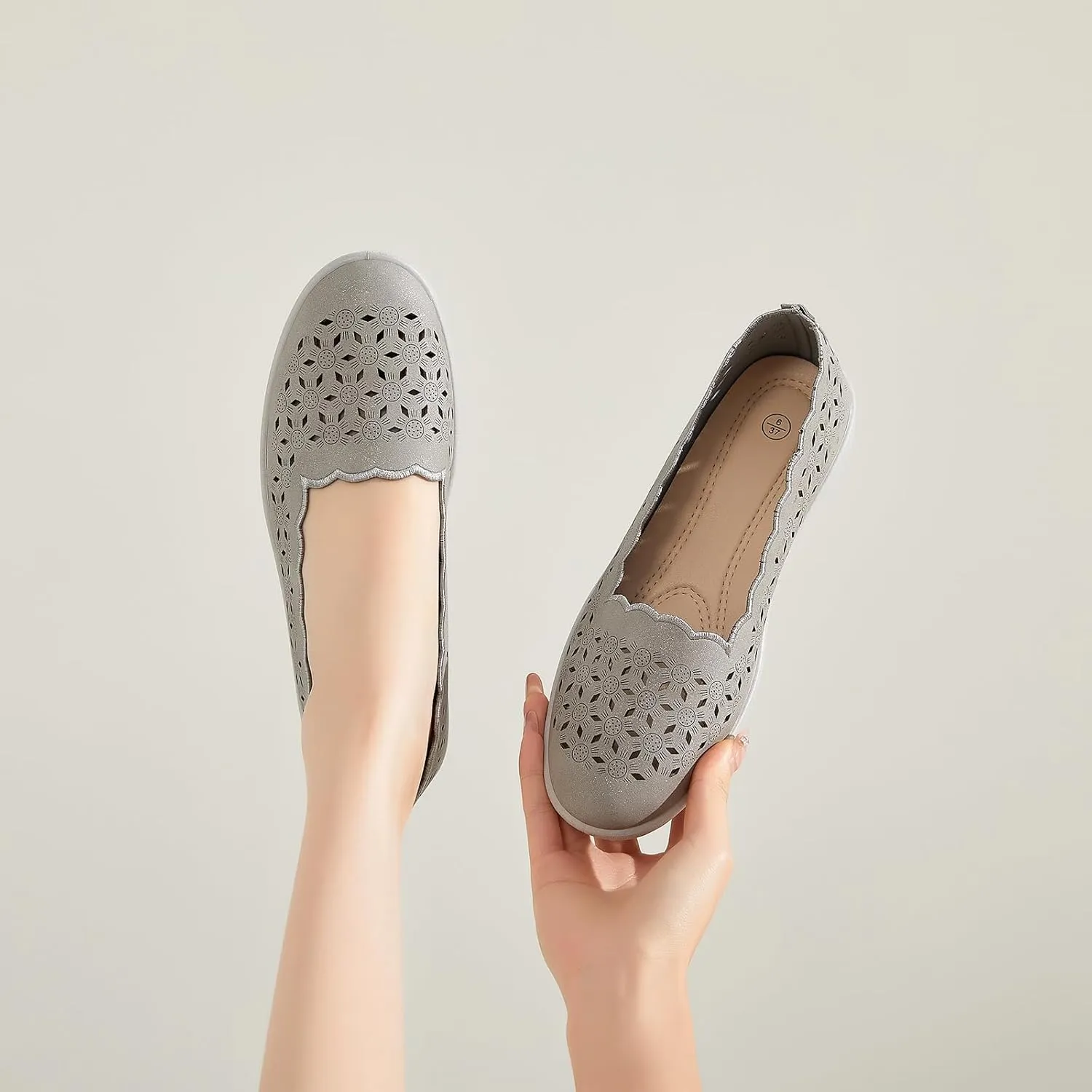 Shupua Flats for Women Dressy Comfortable Women's Ballet Flats Shoes Casual Black Flats Round Toe Womens Slip on Shoes PU Leather Flats Summer with Diamond Eyelets