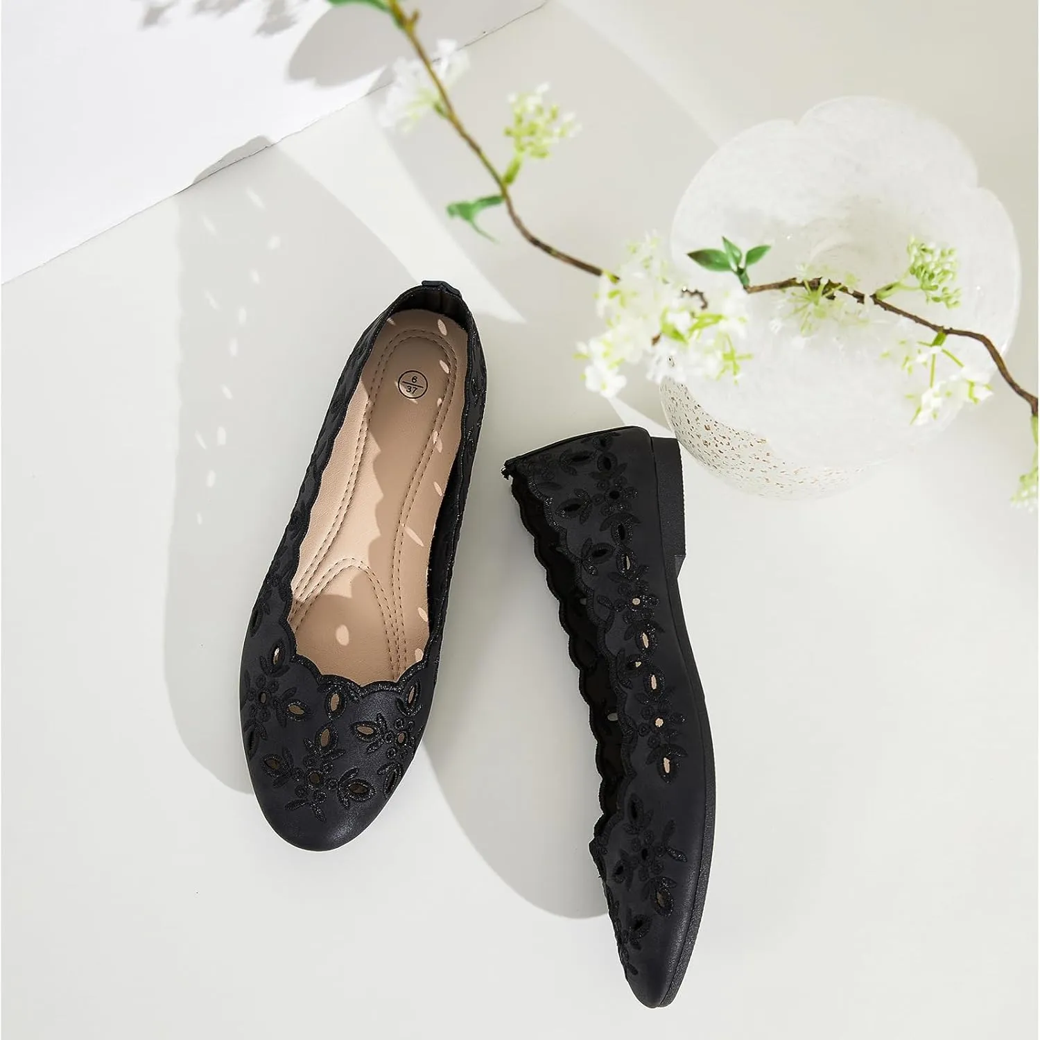 Shupua Women's Comfortable Dress Shoes Ballet Flats Slip On Shoes Black Flats Round Toe PU Leather Flats Summer with Floral Eyelets