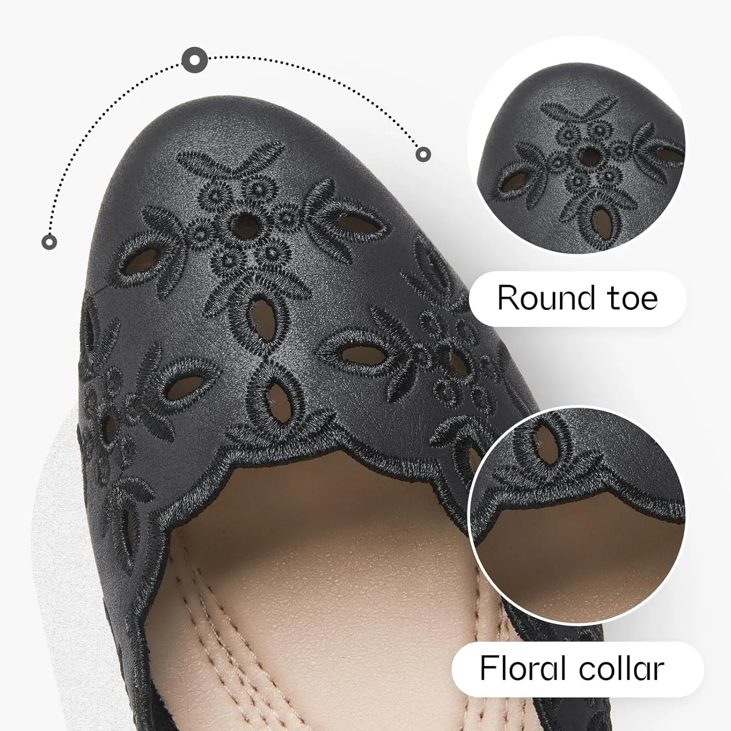 Shupua Women's Comfortable Dress Shoes Ballet Flats Slip On Shoes Black Flats Round Toe PU Leather Flats Summer with Floral Eyelets