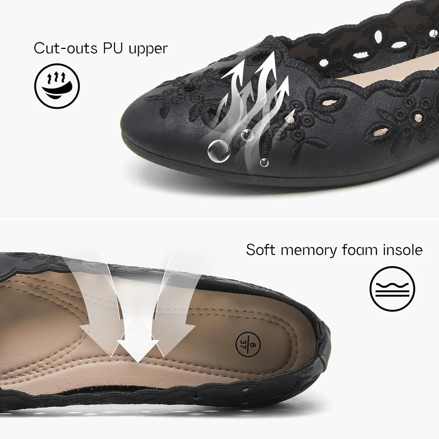 Shupua Women's Comfortable Dress Shoes Ballet Flats Slip On Shoes Black Flats Round Toe PU Leather Flats Summer with Floral Eyelets
