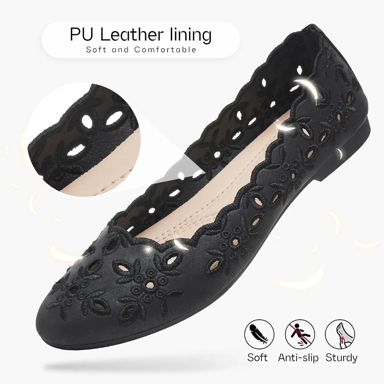 Shupua Women's Comfortable Dress Shoes Ballet Flats Slip On Shoes Black Flats Round Toe PU Leather Flats Summer with Floral Eyelets